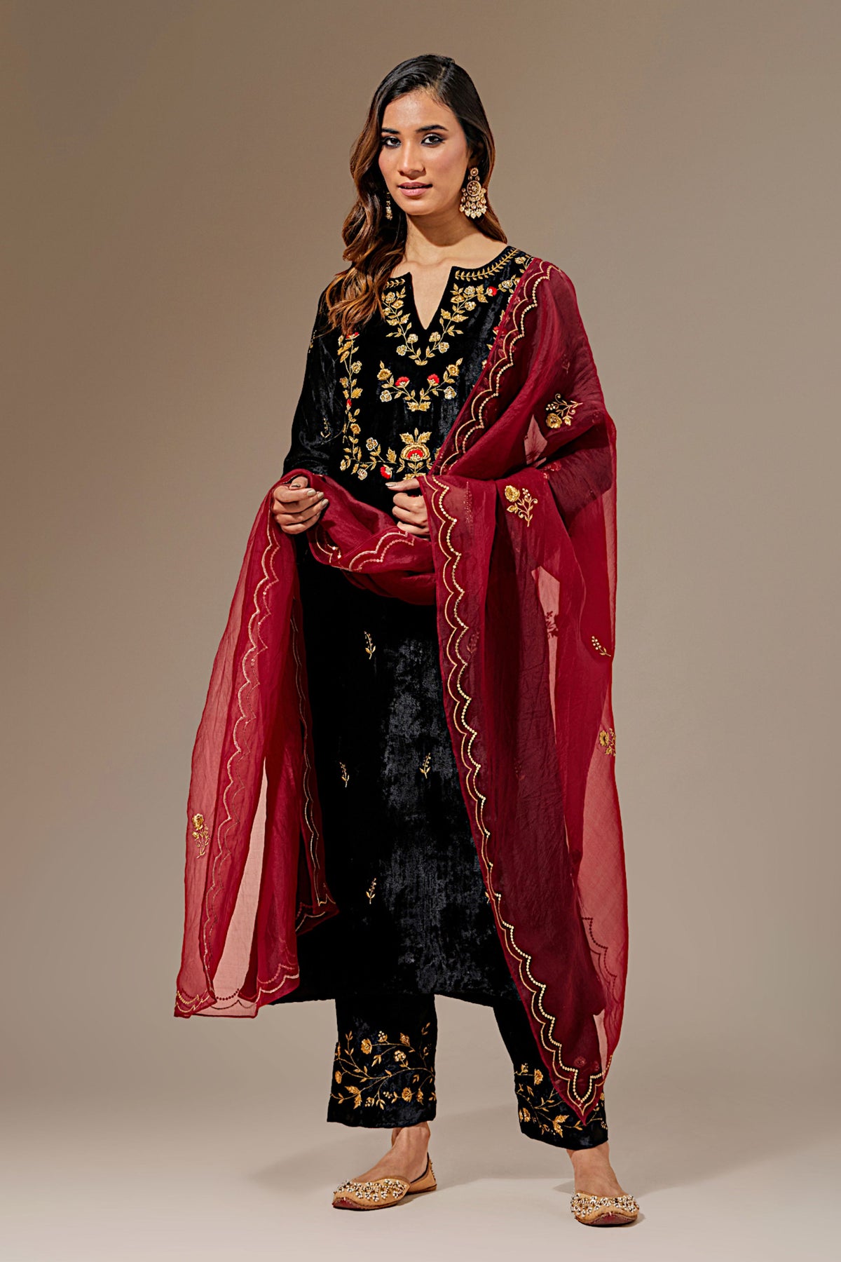 Deep Red Hand Embroidered Organza Dupatta