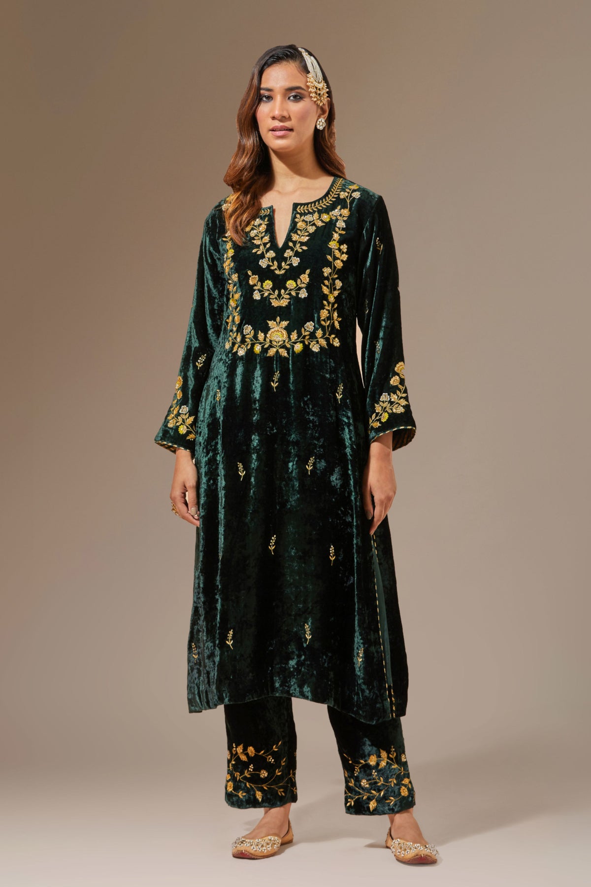 Green Velvet Kurta With Hand Embroidery