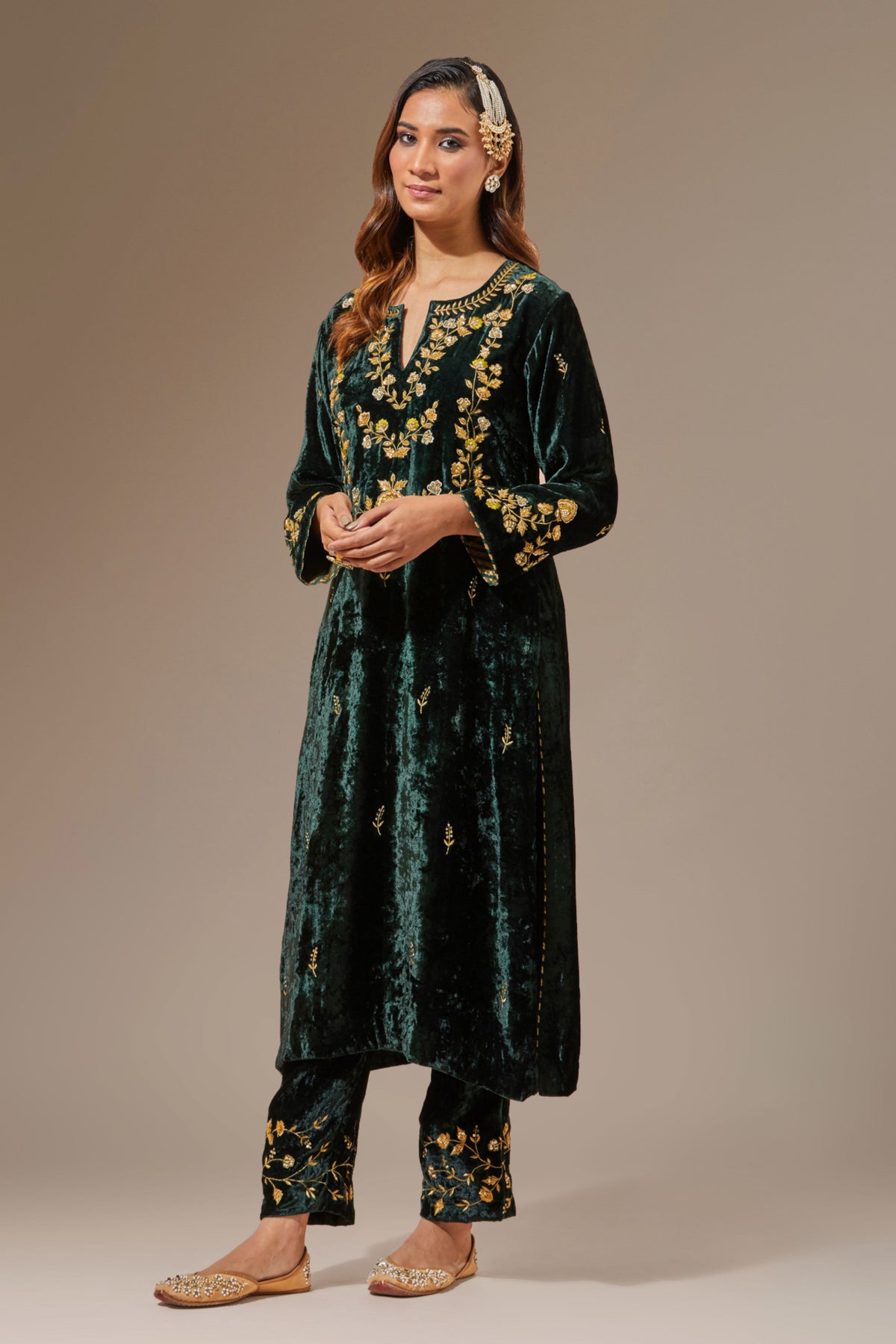 Green Velvet Kurta With Hand Embroidery