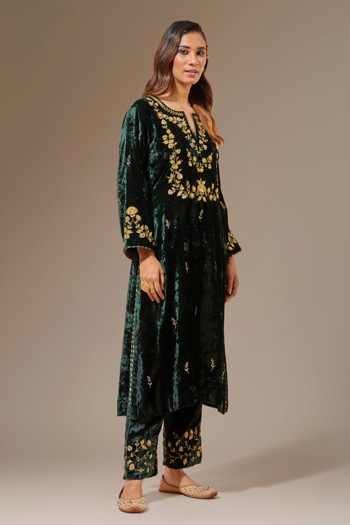 Green Velvet Kurta With Hand Embroidery