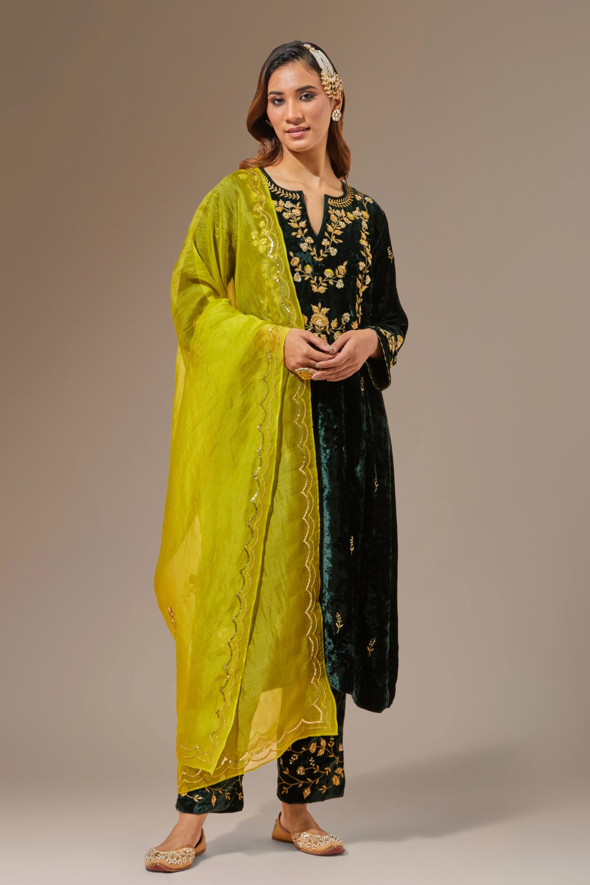 Green Velvet Kurta With Hand Embroidery