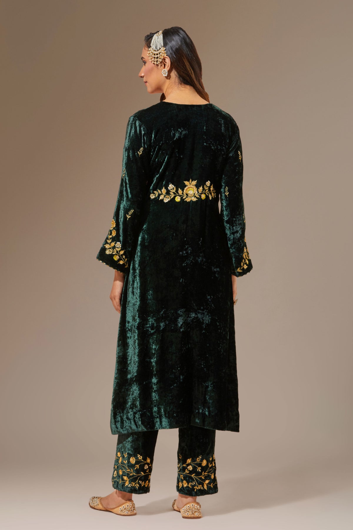 Green Velvet Kurta With Hand Embroidery