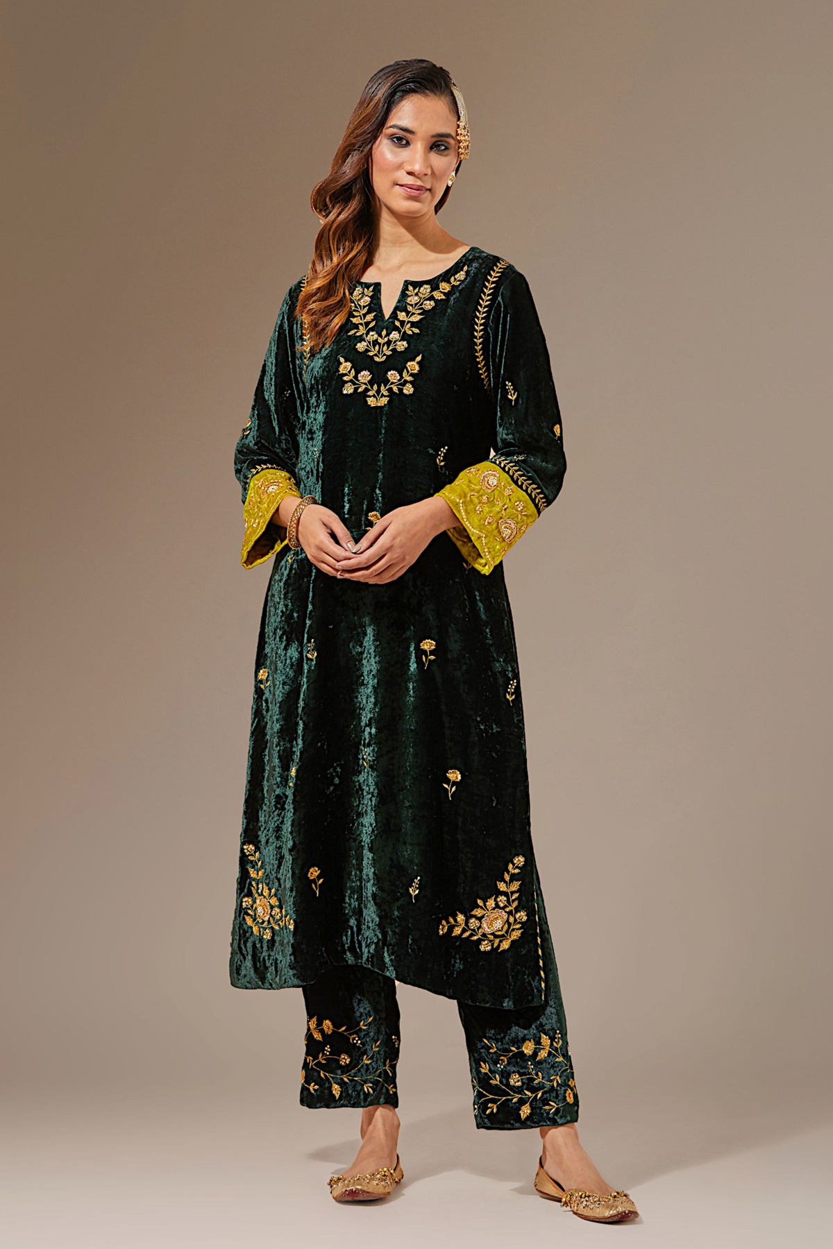 Green Velvet Hand Embroidered Contrast Sleeve Kurta