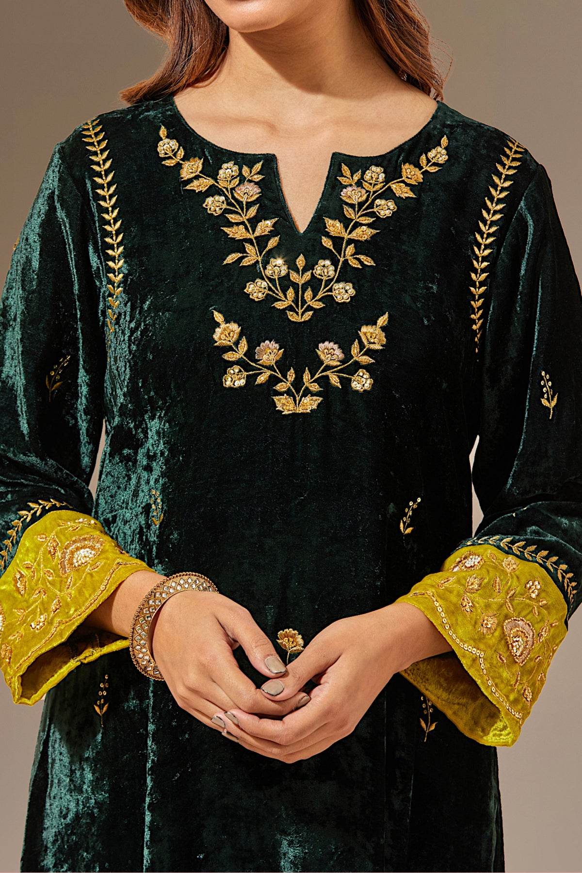 Green Velvet Hand Embroidered Contrast Sleeve Kurta