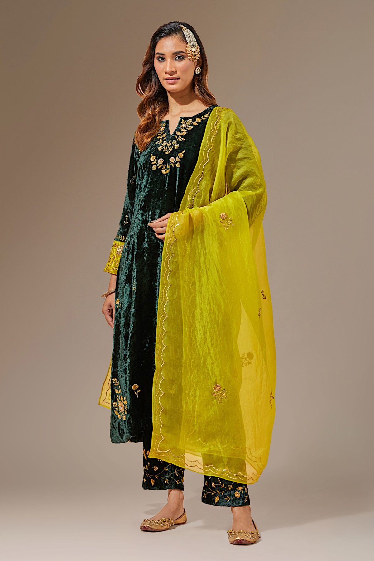 Green Velvet Hand Embroidered Contrast Sleeve Kurta