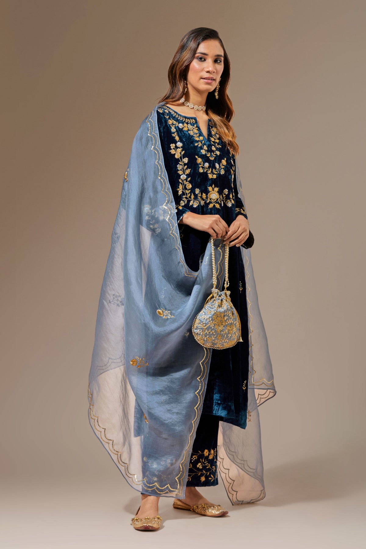 Blue Velvet Kurta With Hand Embroidery