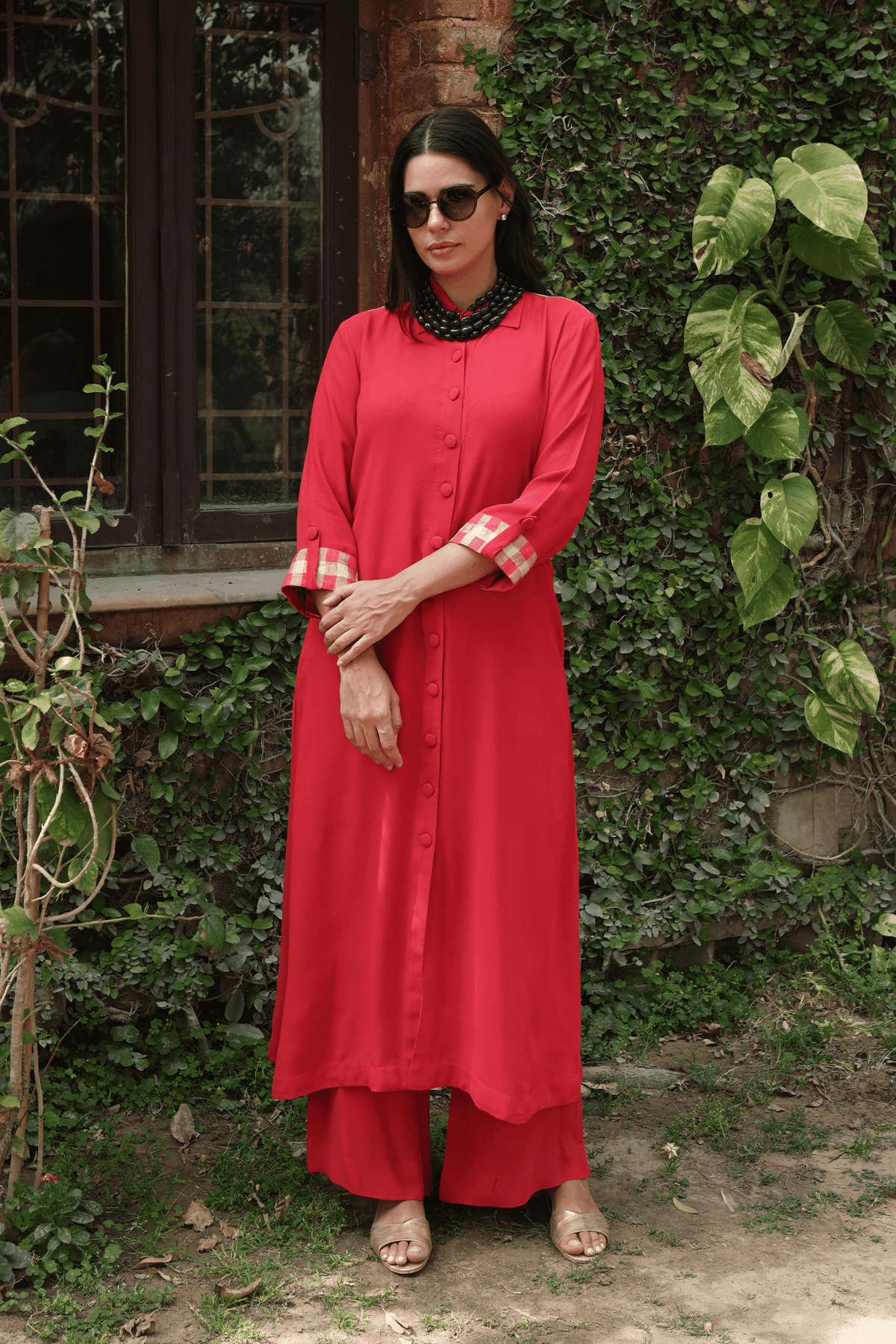 Red Front Open Kurta And Pant