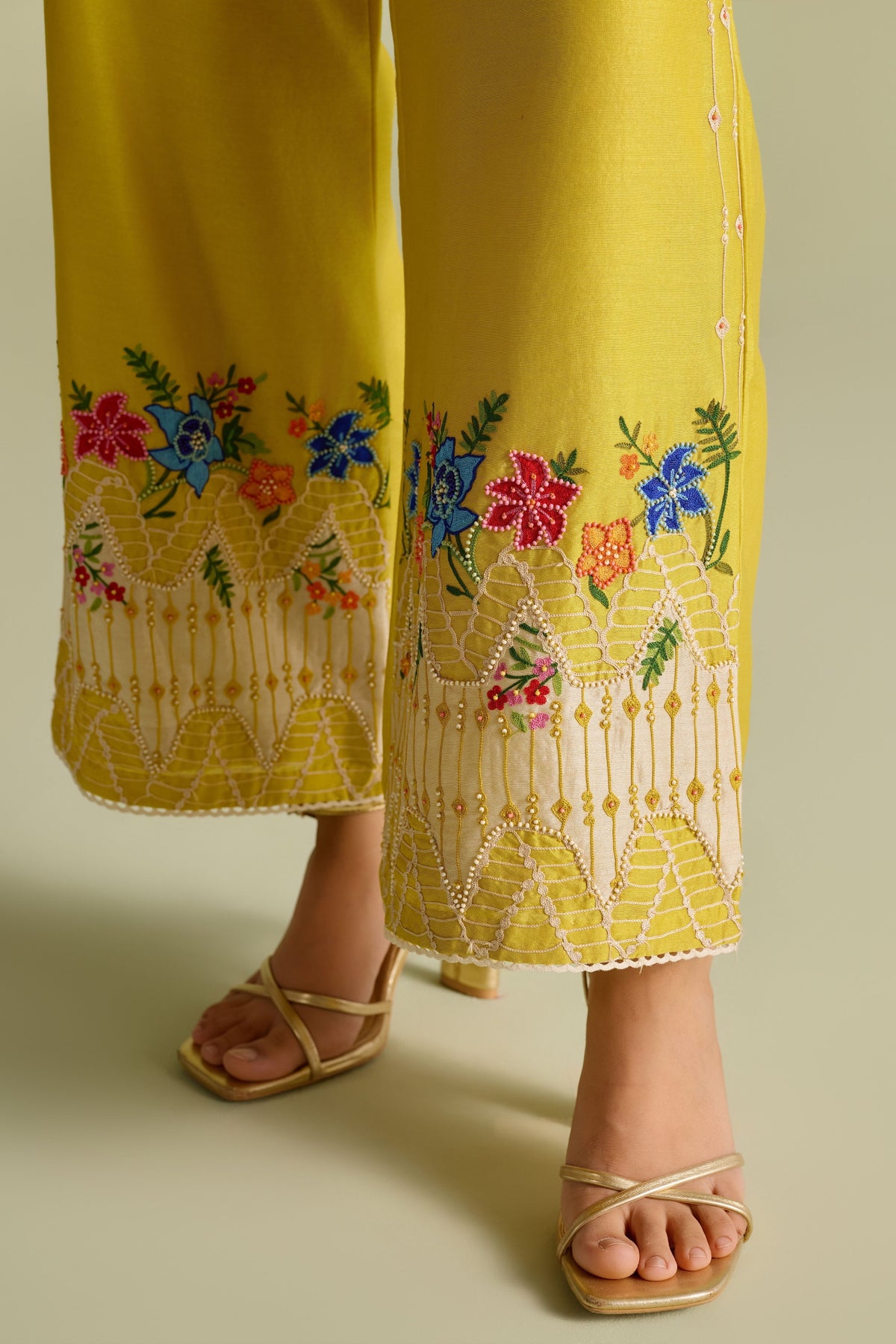 Yellow Floral Embroidered Color Block Pants