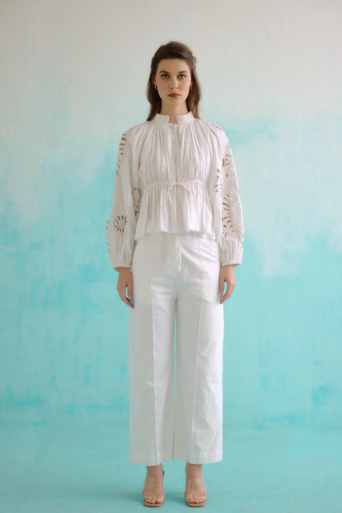 White Gathered Embroidered Bloom Cutwork Blouse