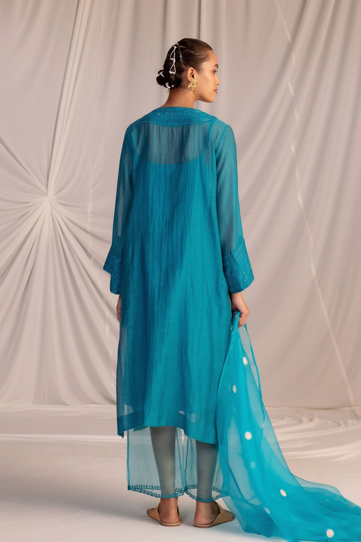 Turquoise Embroidered Tunic &amp; Trouser Set