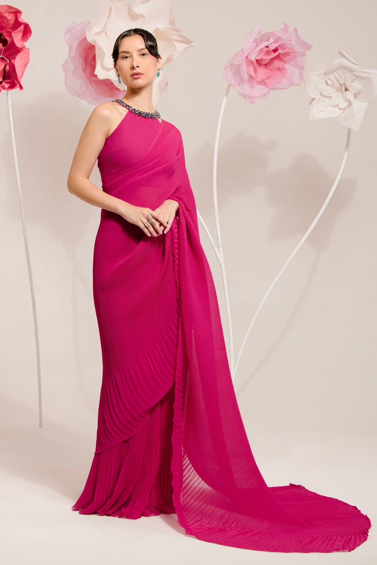 Pre-draped Hot Pink Pleated Saree