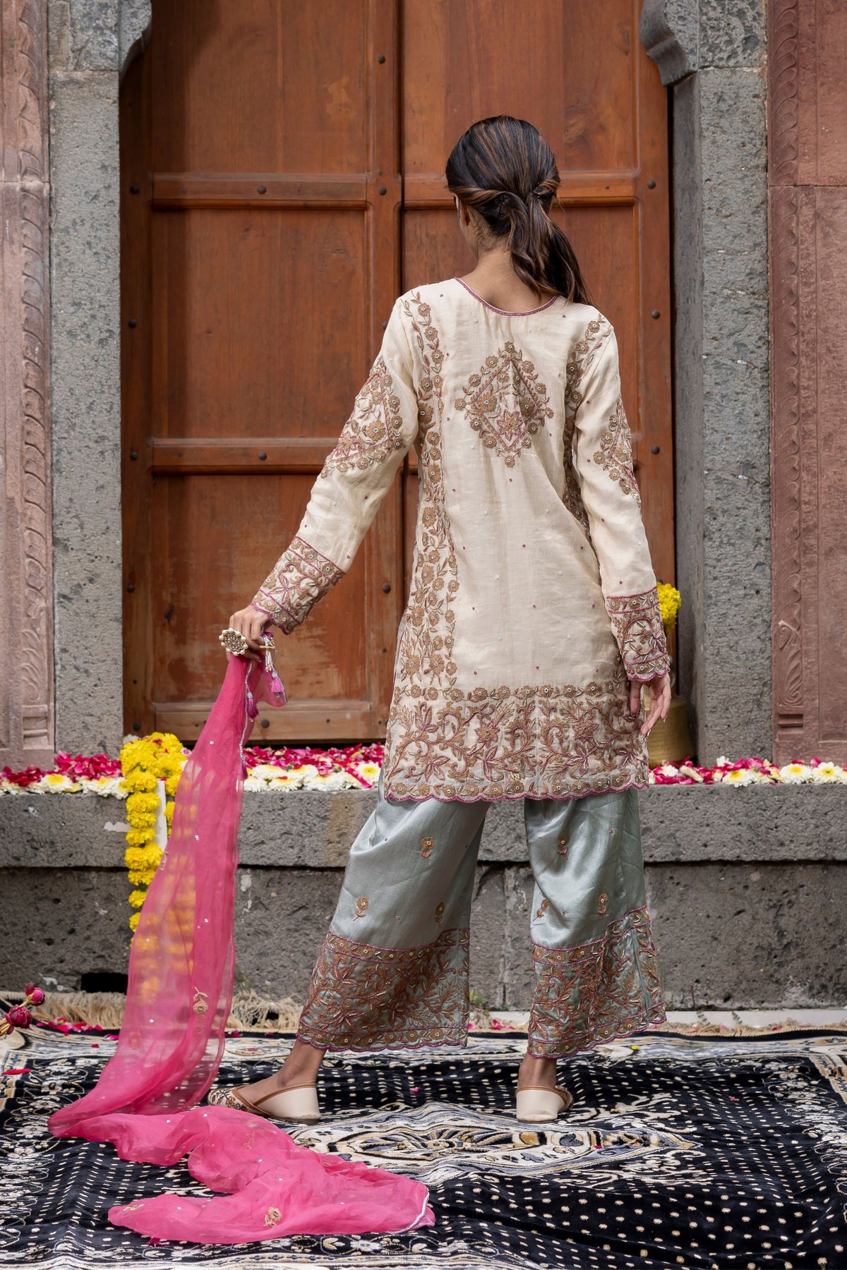 Colourful Beige Kurta Palazzo Set