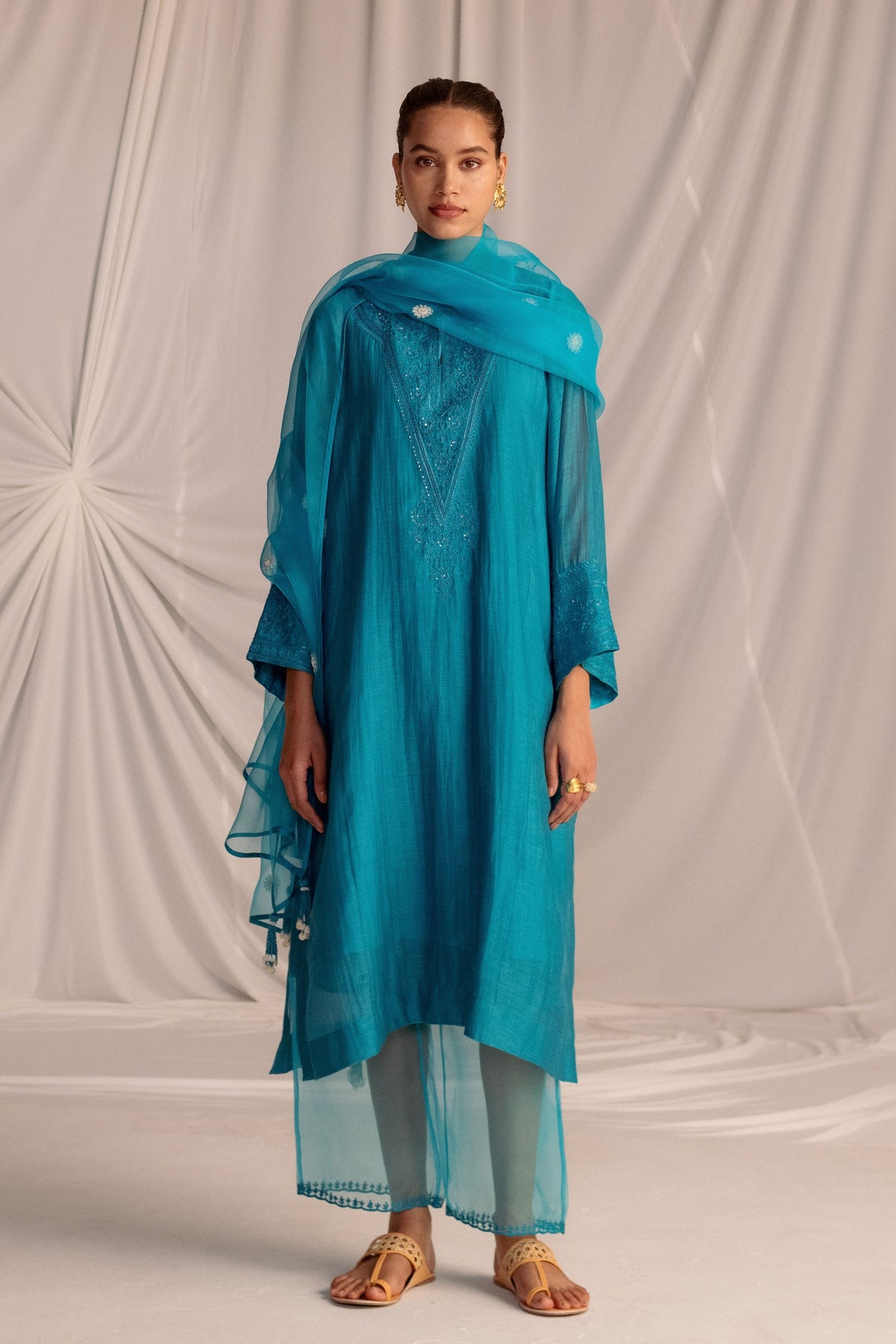 Turquoise Embroidered Tunic &amp; Trouser Set