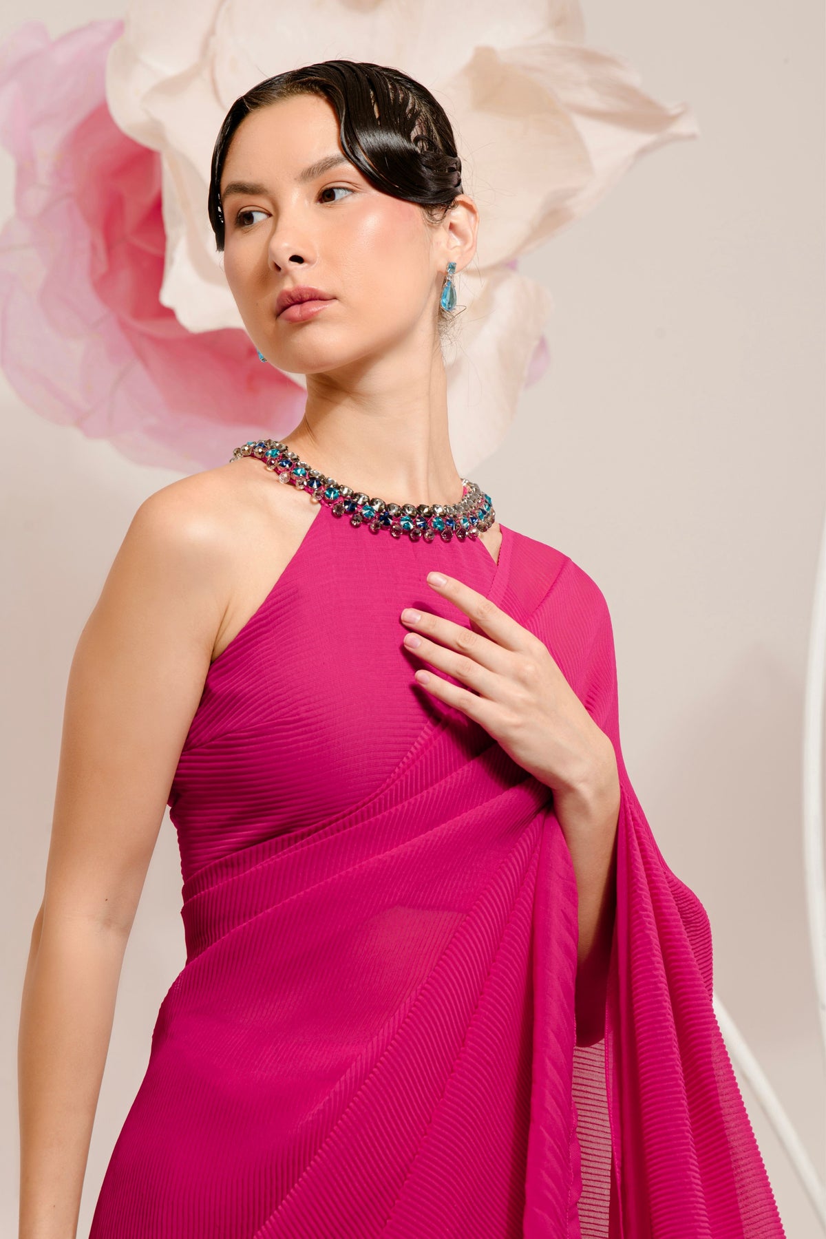 Pre-draped Hot Pink Pleated Saree