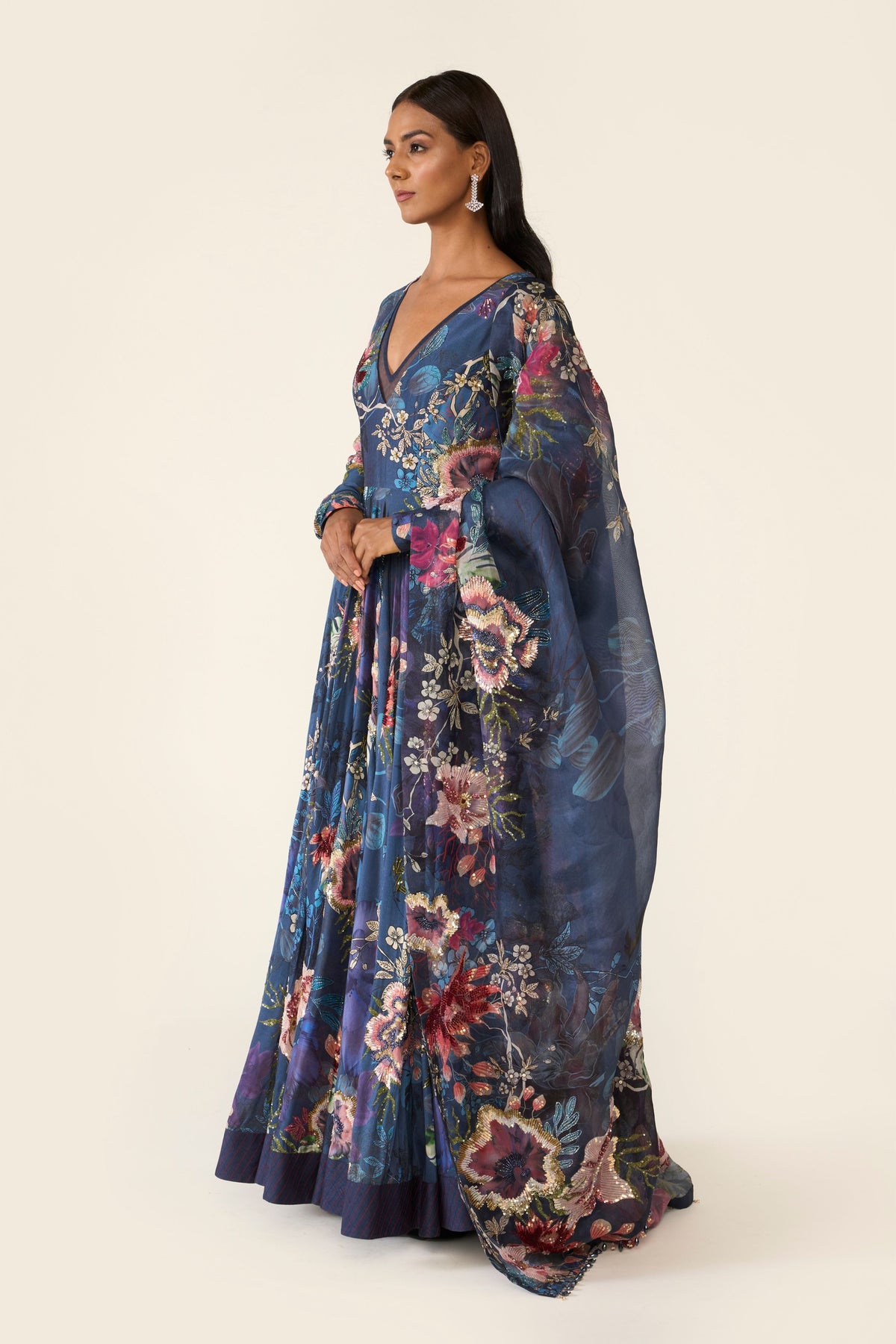 Blue Printed Anarkali Set