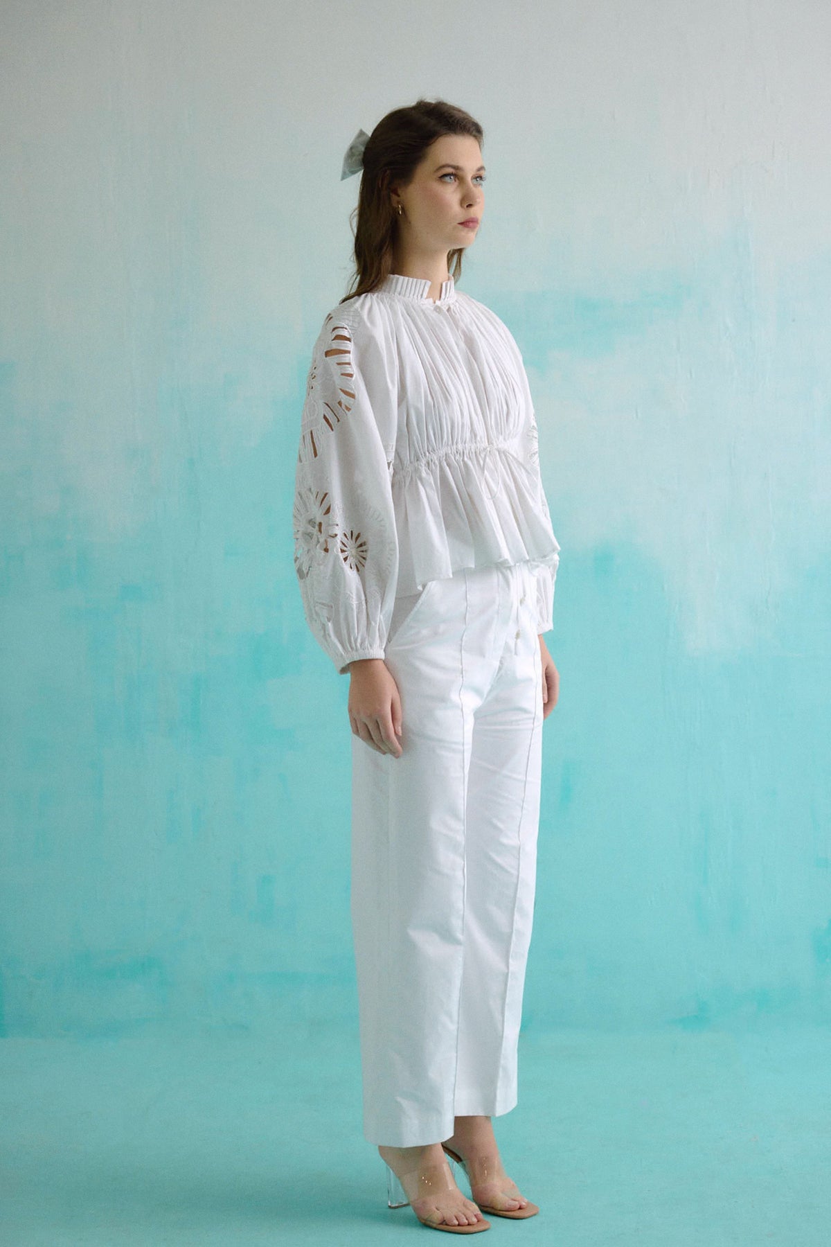 White Gathered Embroidered Bloom Cutwork Blouse