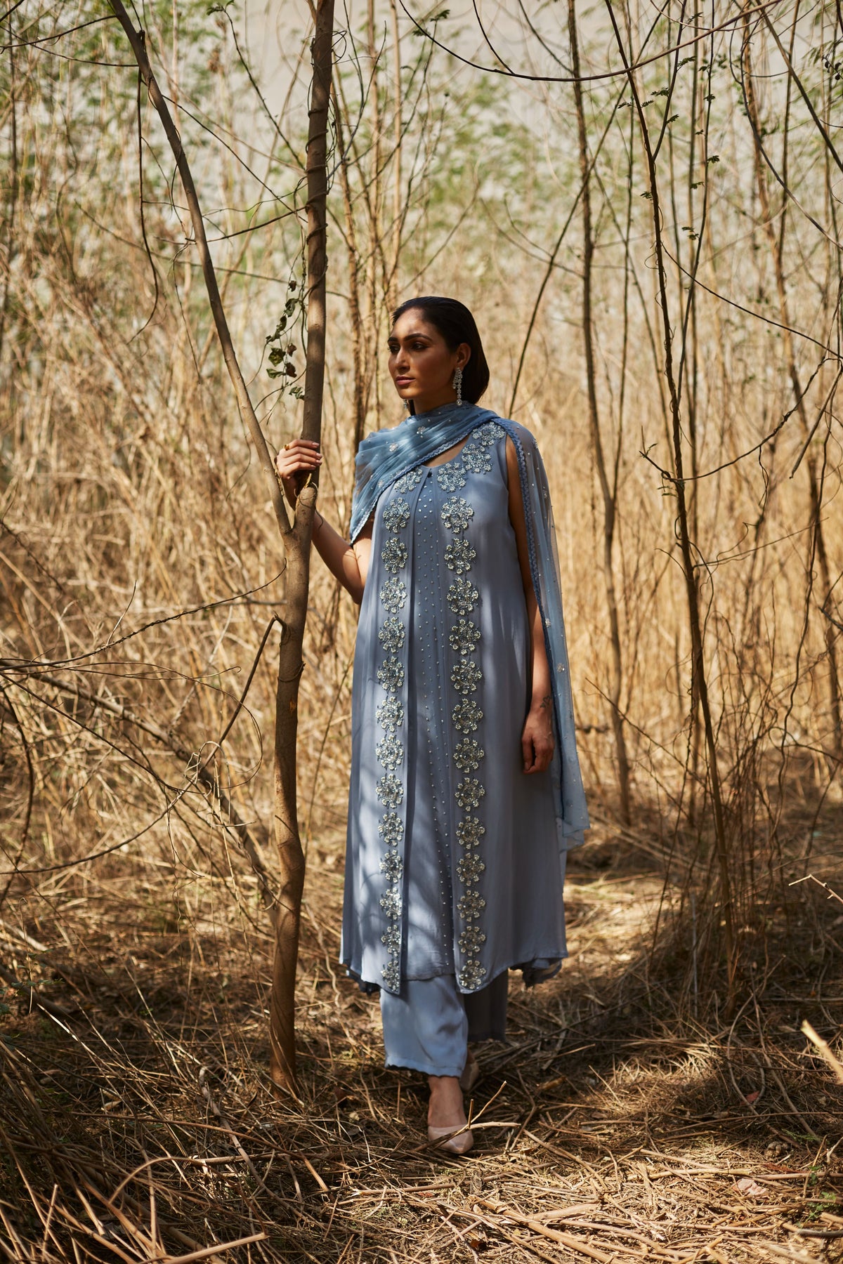 Steel blue A-line kurta and pallazo set