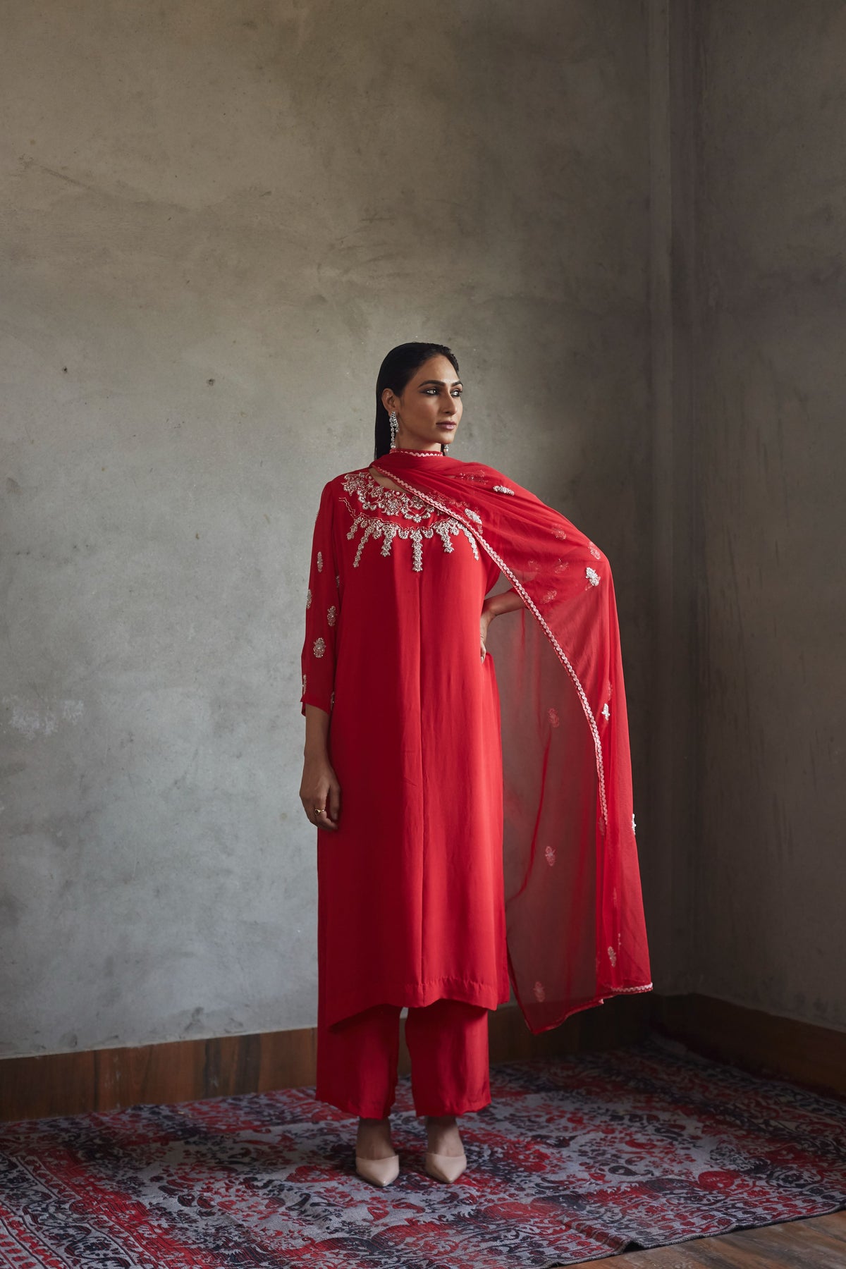 Deep red A-line kurta and pallazo set