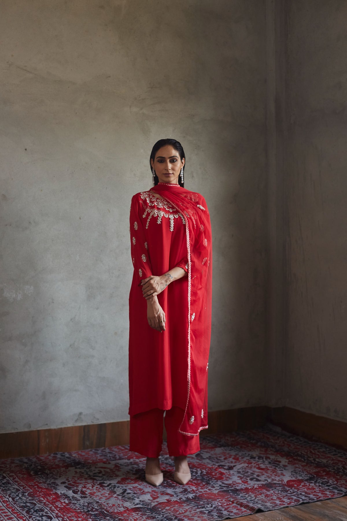 Deep red A-line kurta and pallazo set