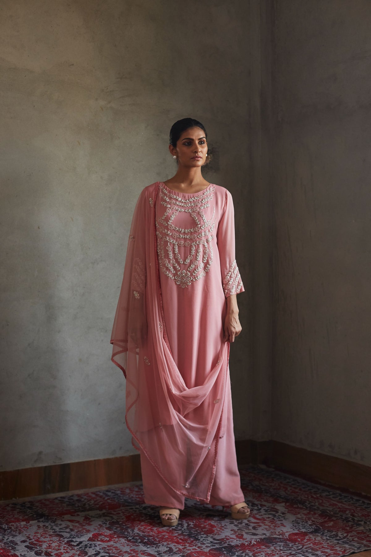 Pink A-line kurta and pallazo set