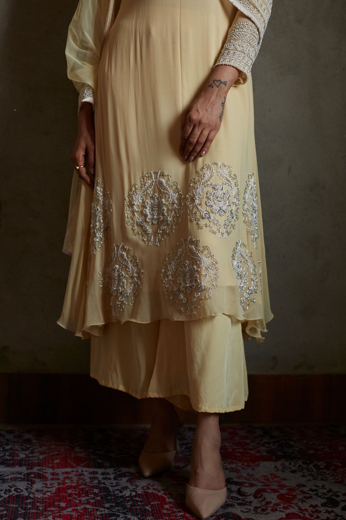 Light yellow A-line kurta and pallazo set