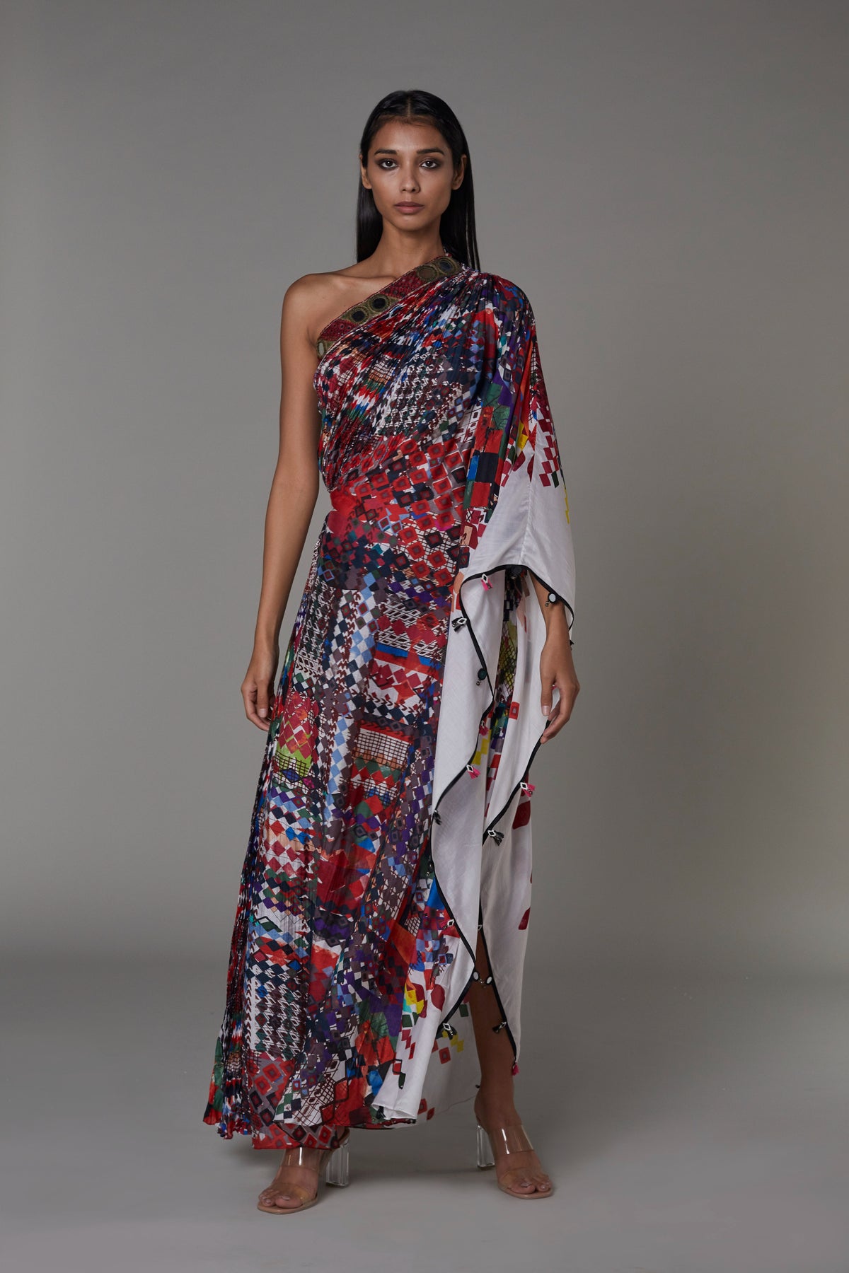 Multicolour print one shoulder kaftan