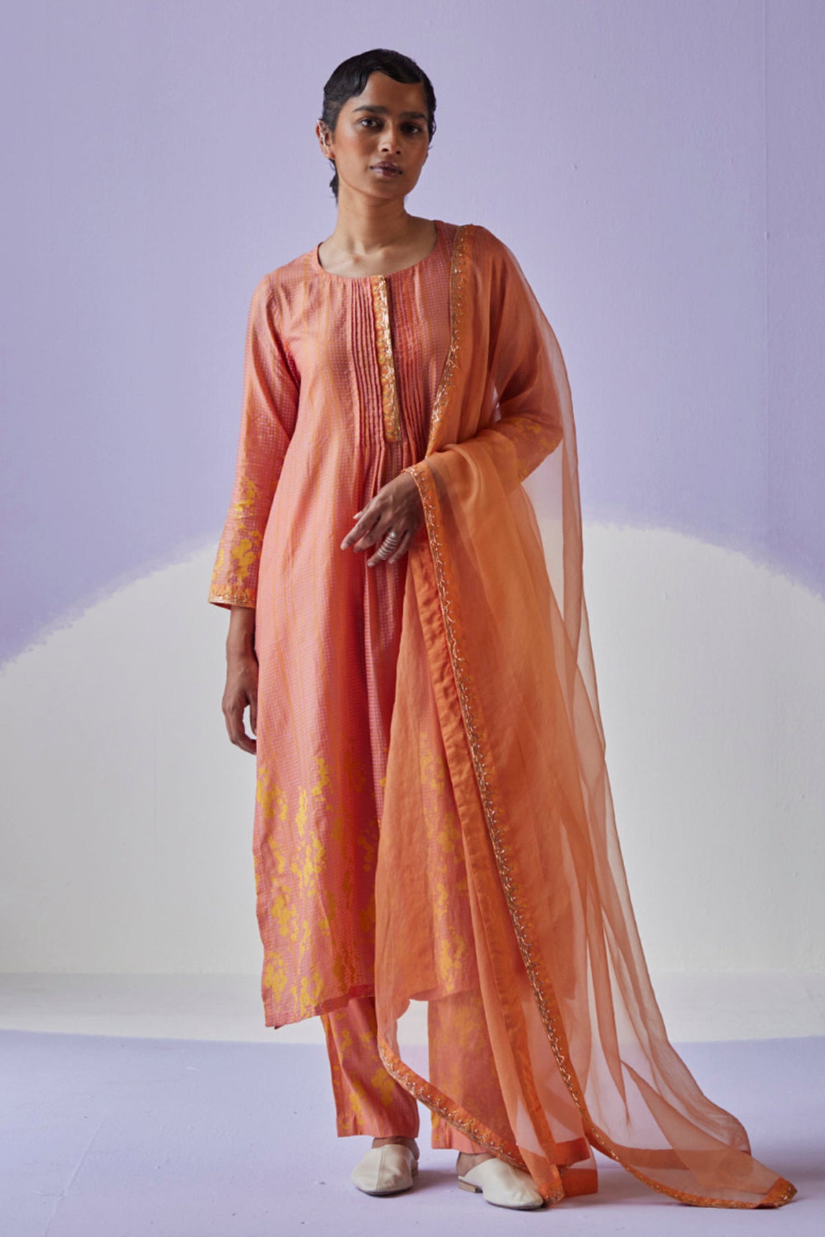 Coral Pleated Straight Kurta Set