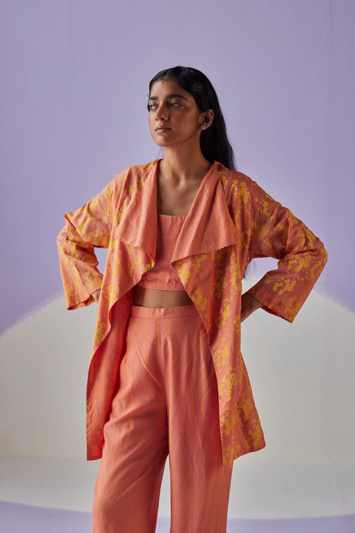 Coral Block Printed Cape Set