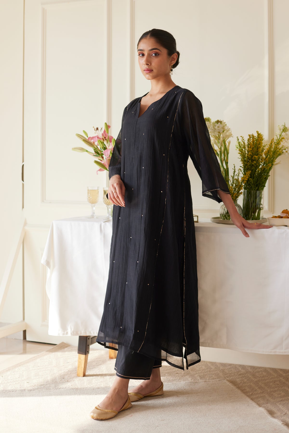 Black Smoking Chanderi Kurta Set