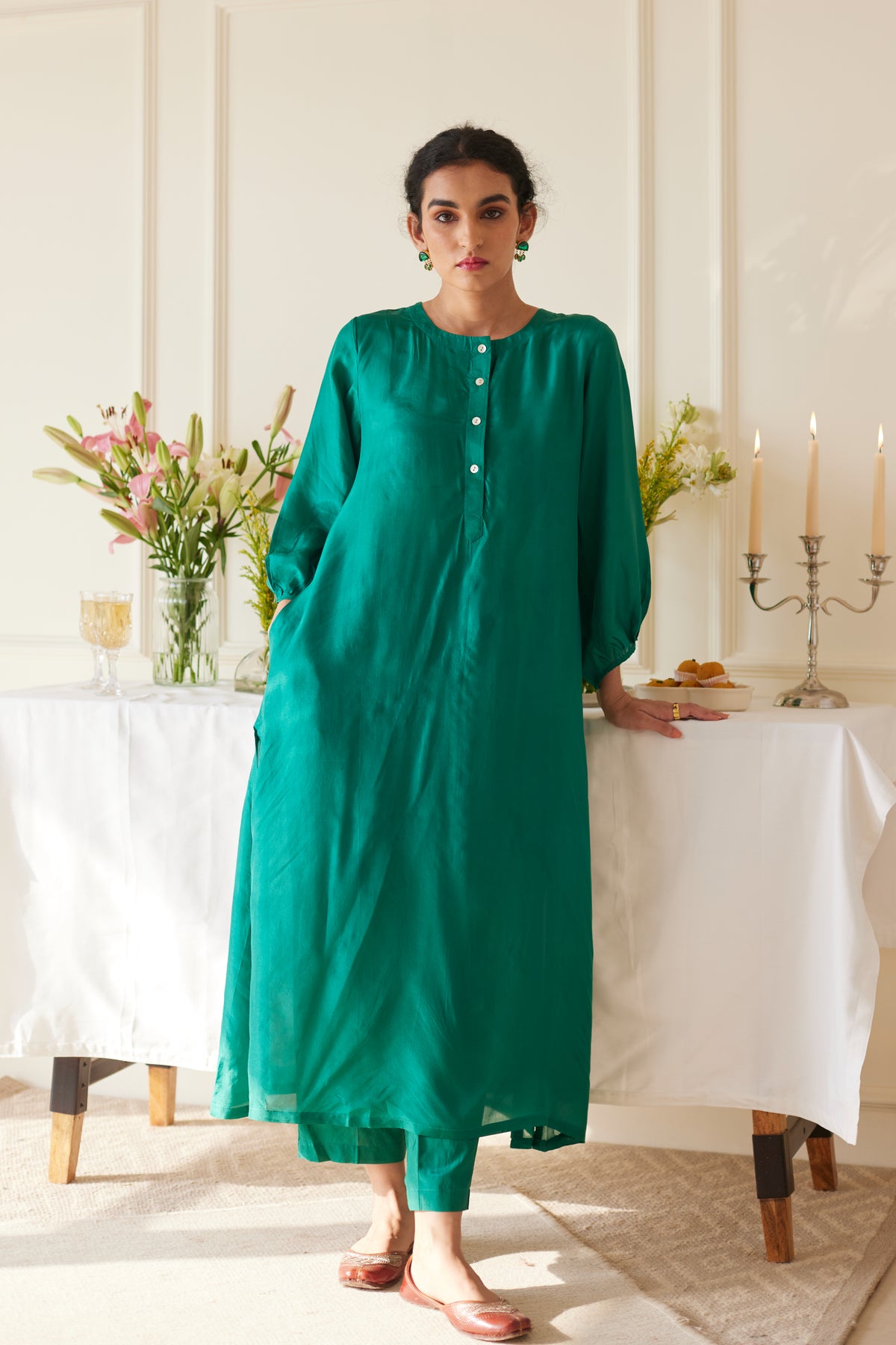 Pink Green Silk Kurta Set