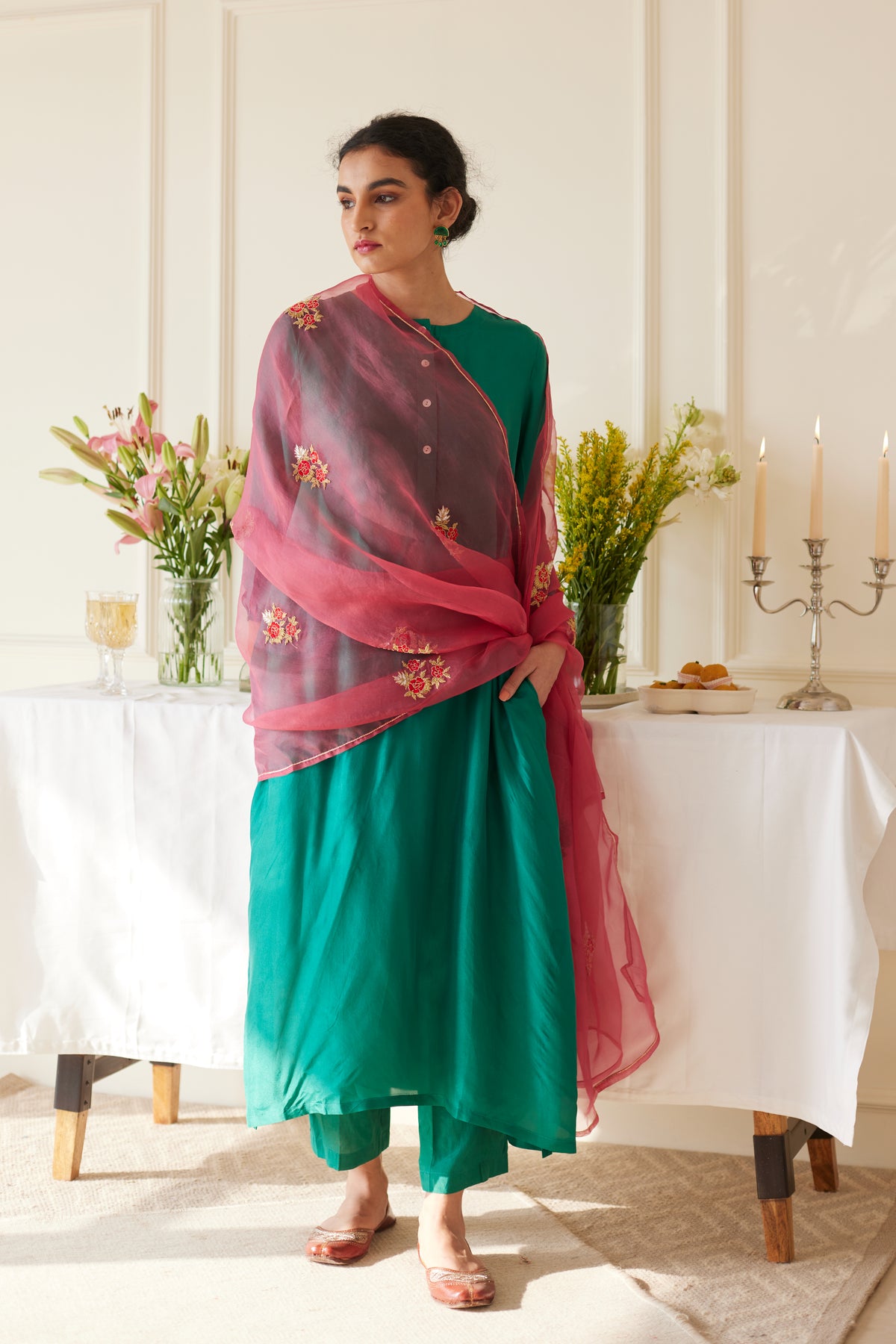 Pink Green Silk Kurta Set