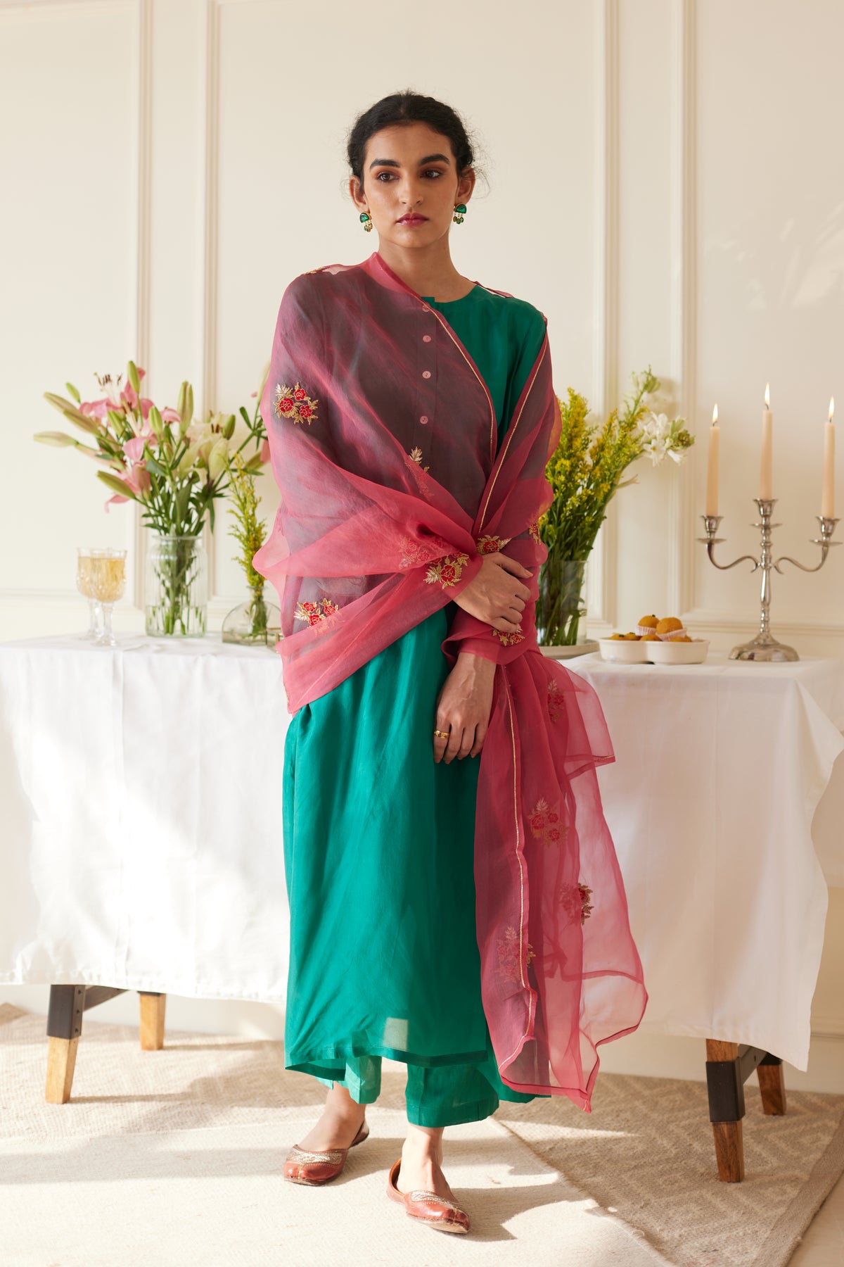 Pink Green Silk Kurta Set