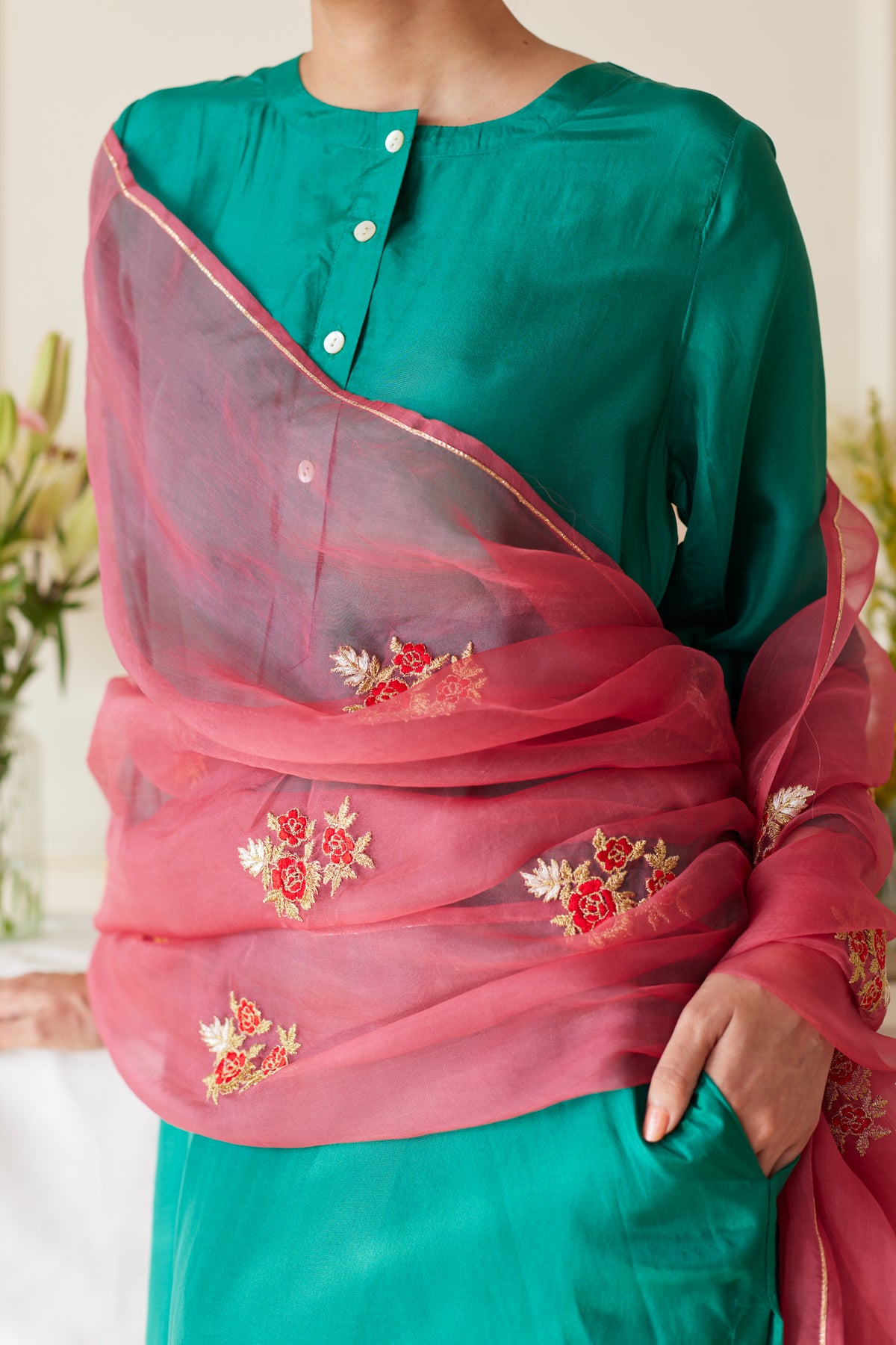 Pink Green Silk Kurta Set