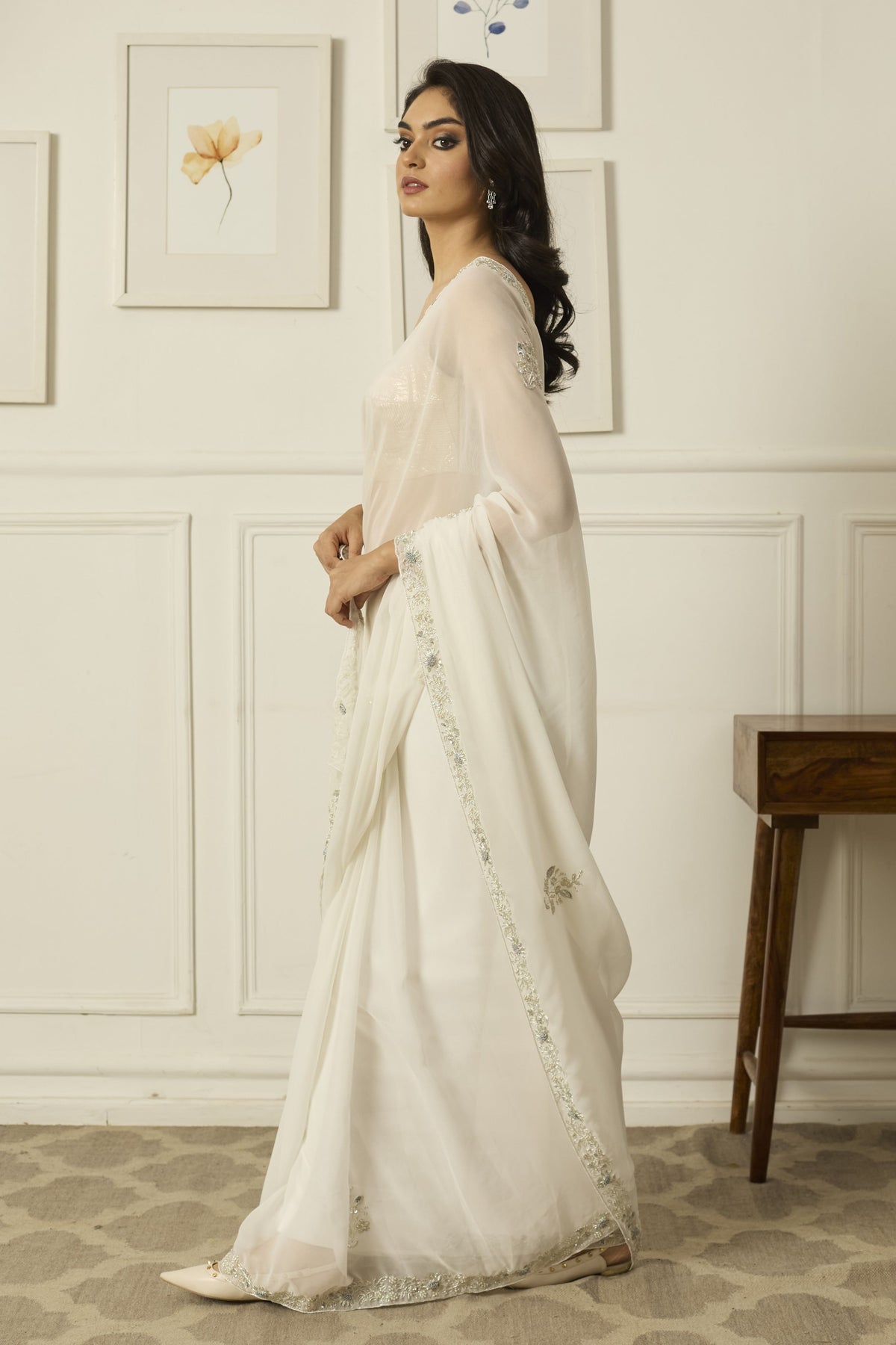 White Meenakshi Georgette Saree