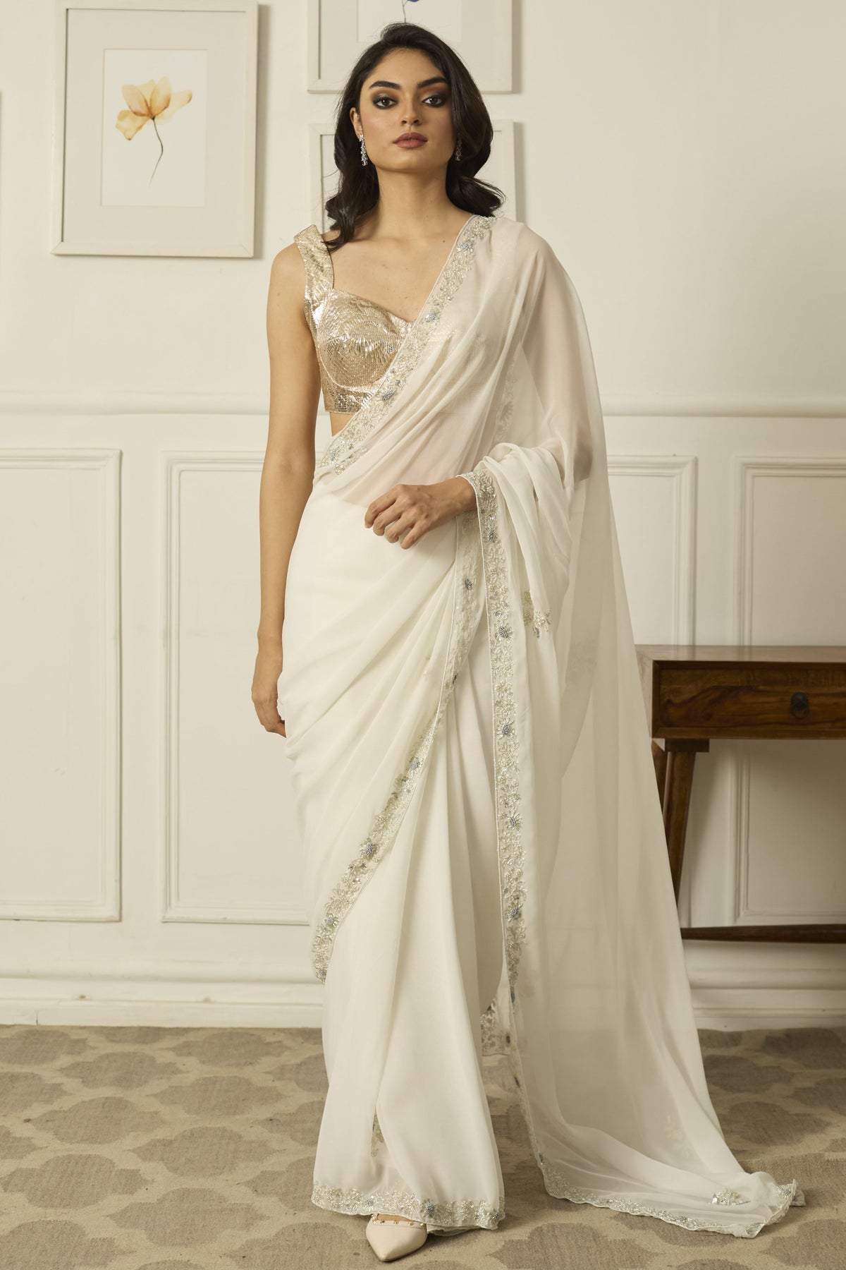 White Meenakshi Georgette Saree