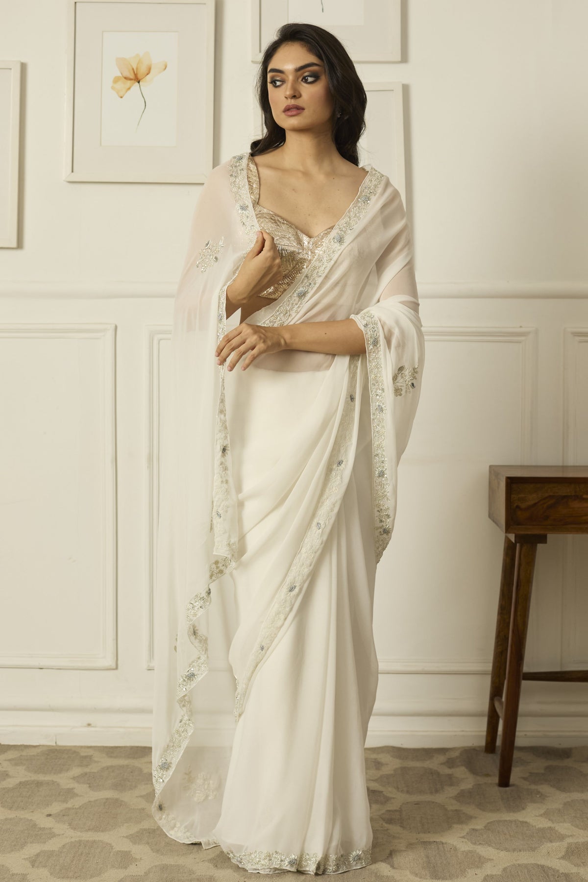 White Meenakshi Georgette Saree