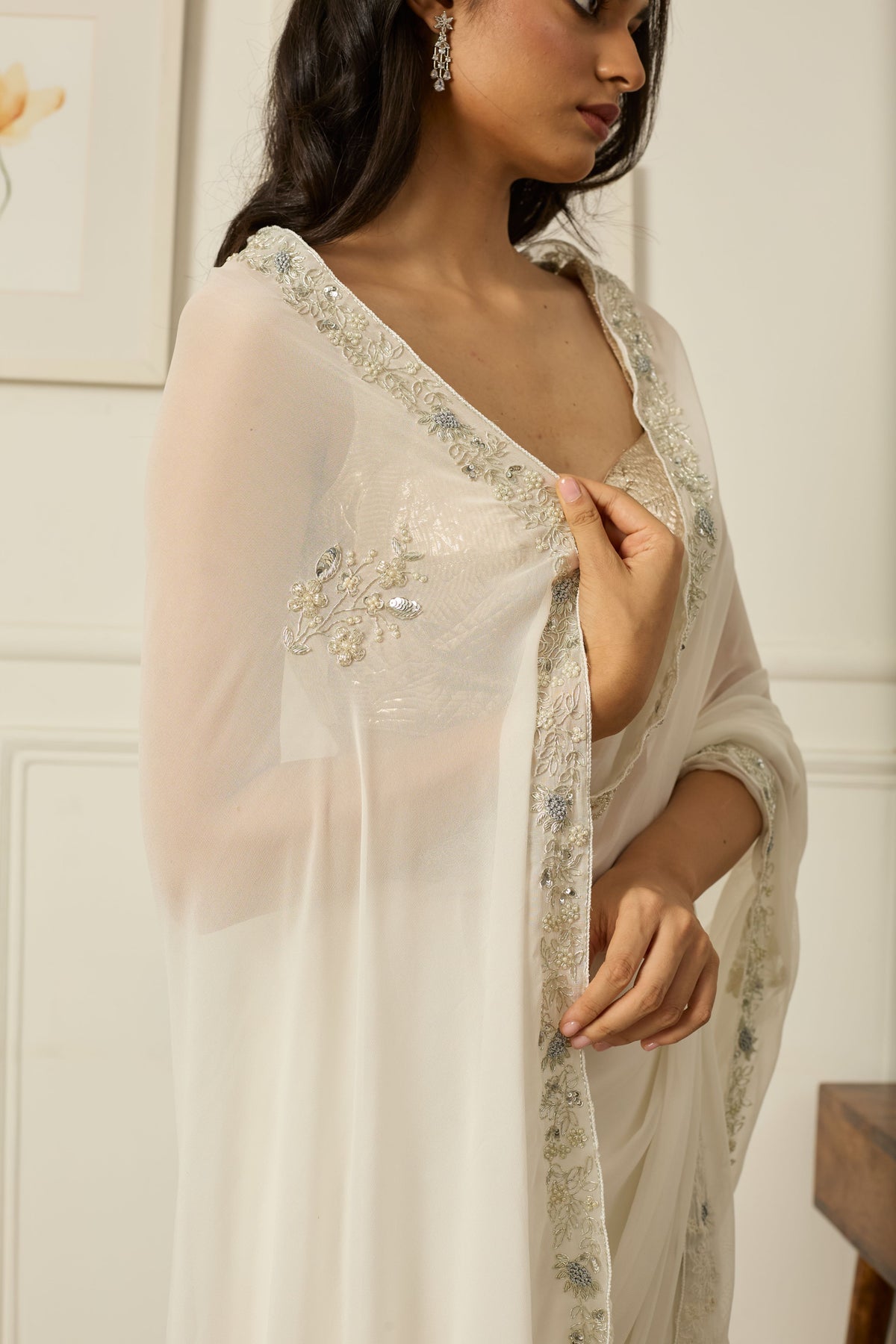 White Meenakshi Georgette Saree