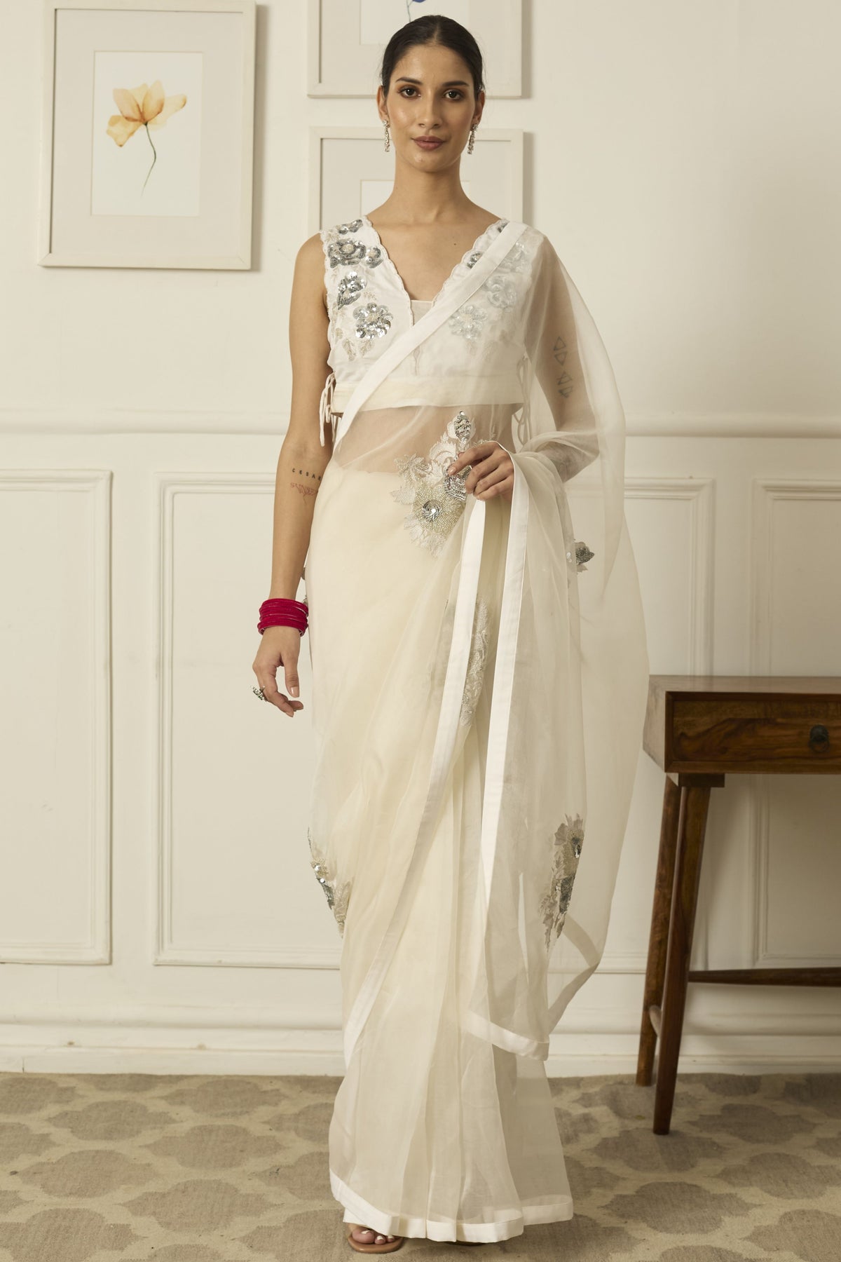 Ivory-silver Aradhana Silk Organza Saree