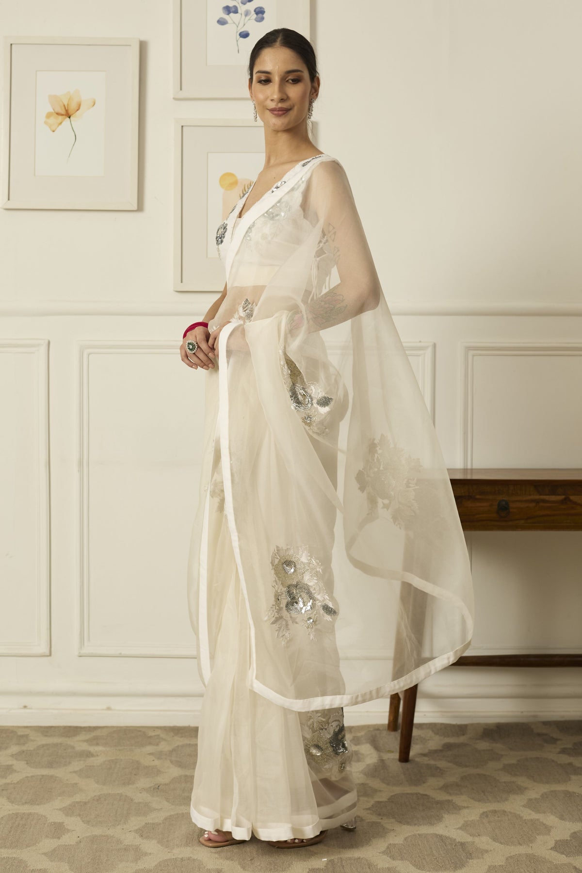 Ivory-silver Aradhana Silk Organza Saree