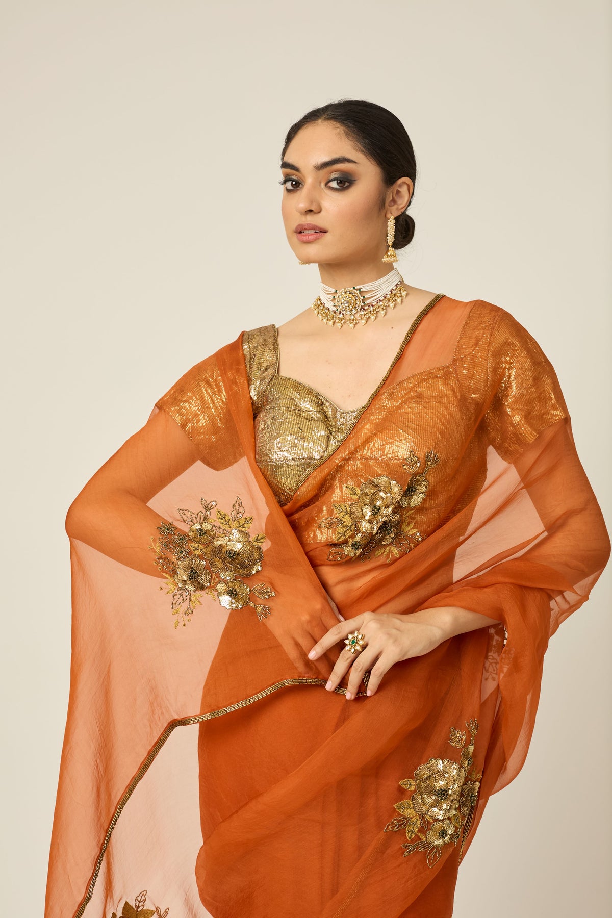 Paro Orange Silk Organza Saree