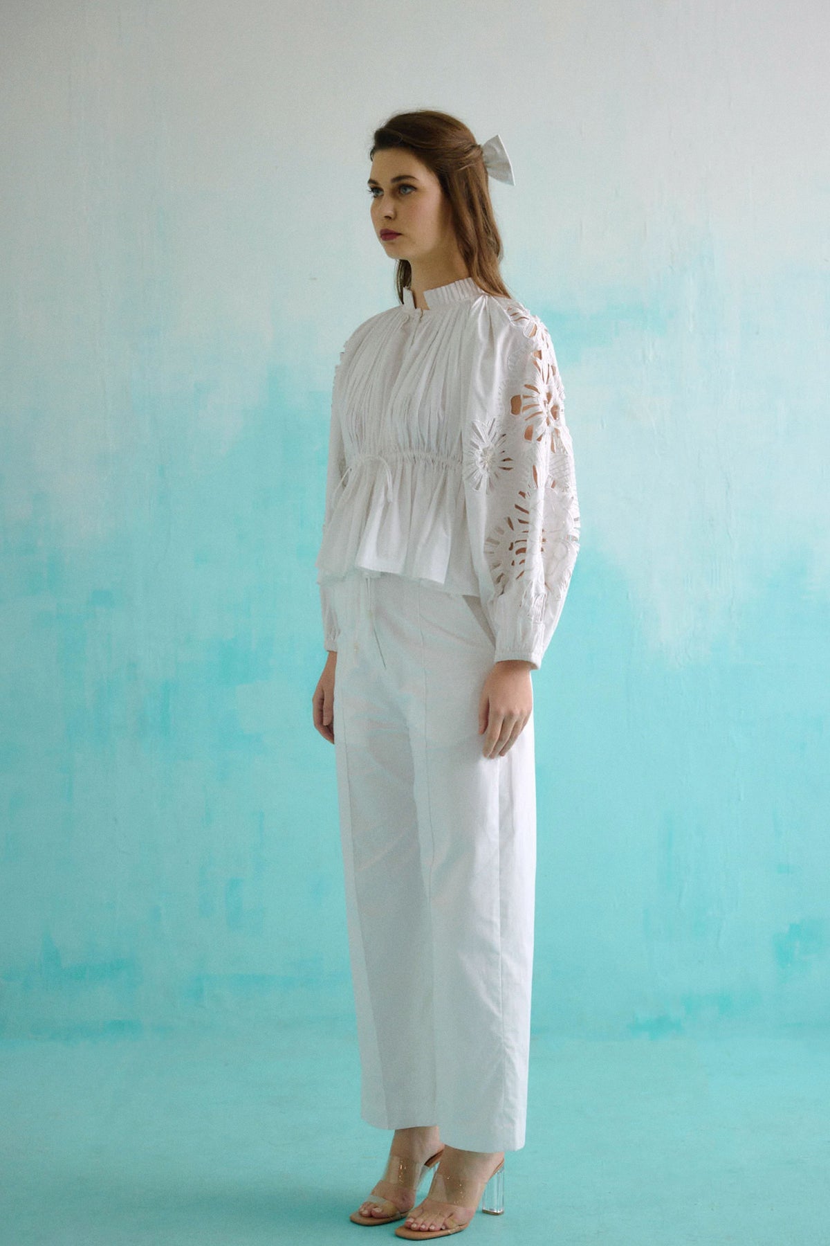 White Gathered Embroidered Bloom Cutwork Blouse