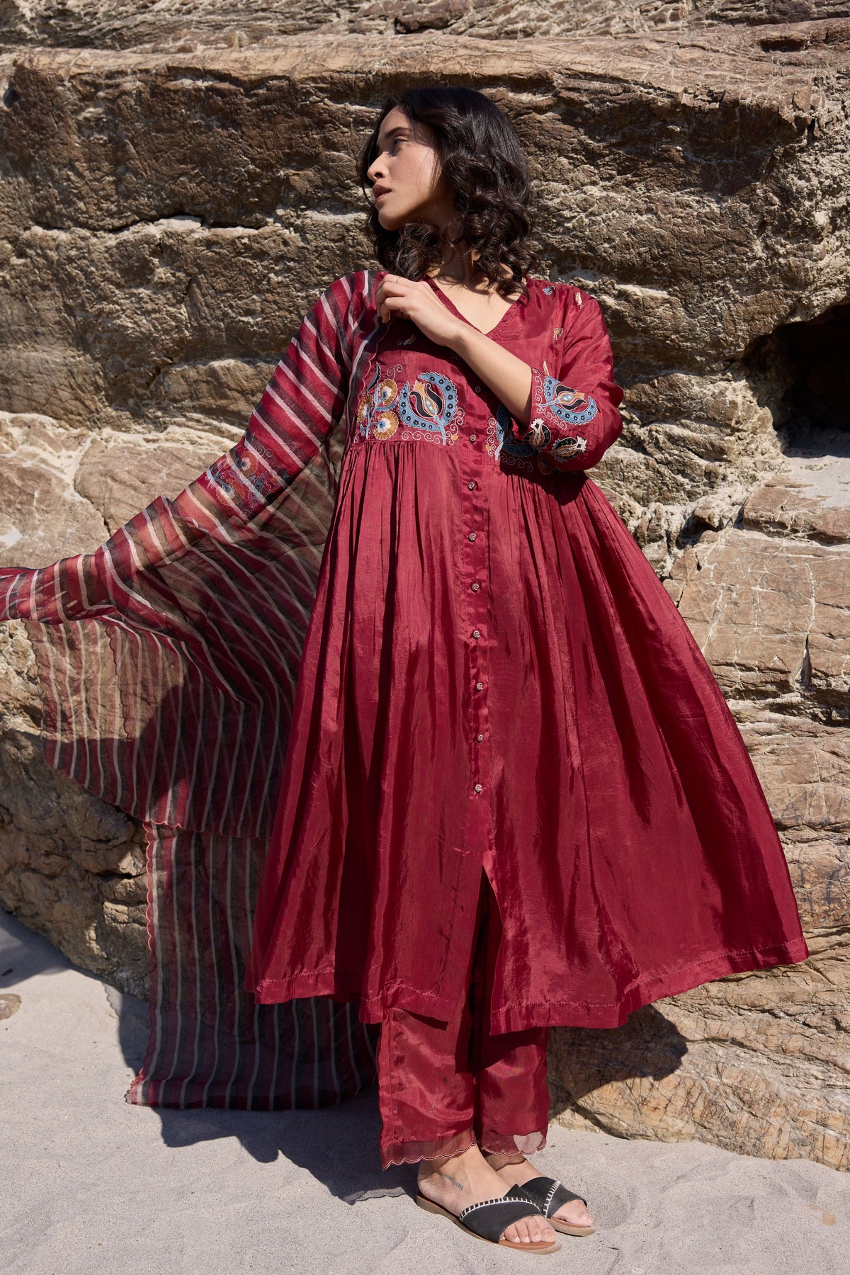 Burgundy Striped Dupatta