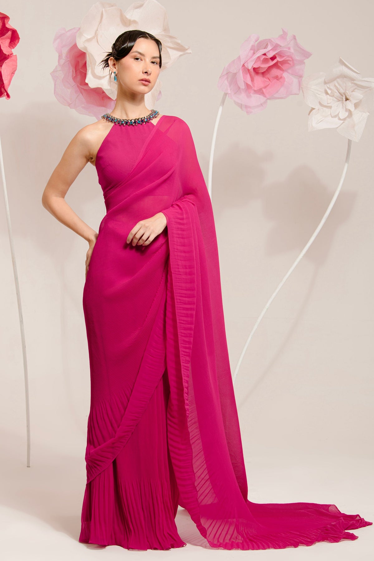 Pre-draped Hot Pink Pleated Saree