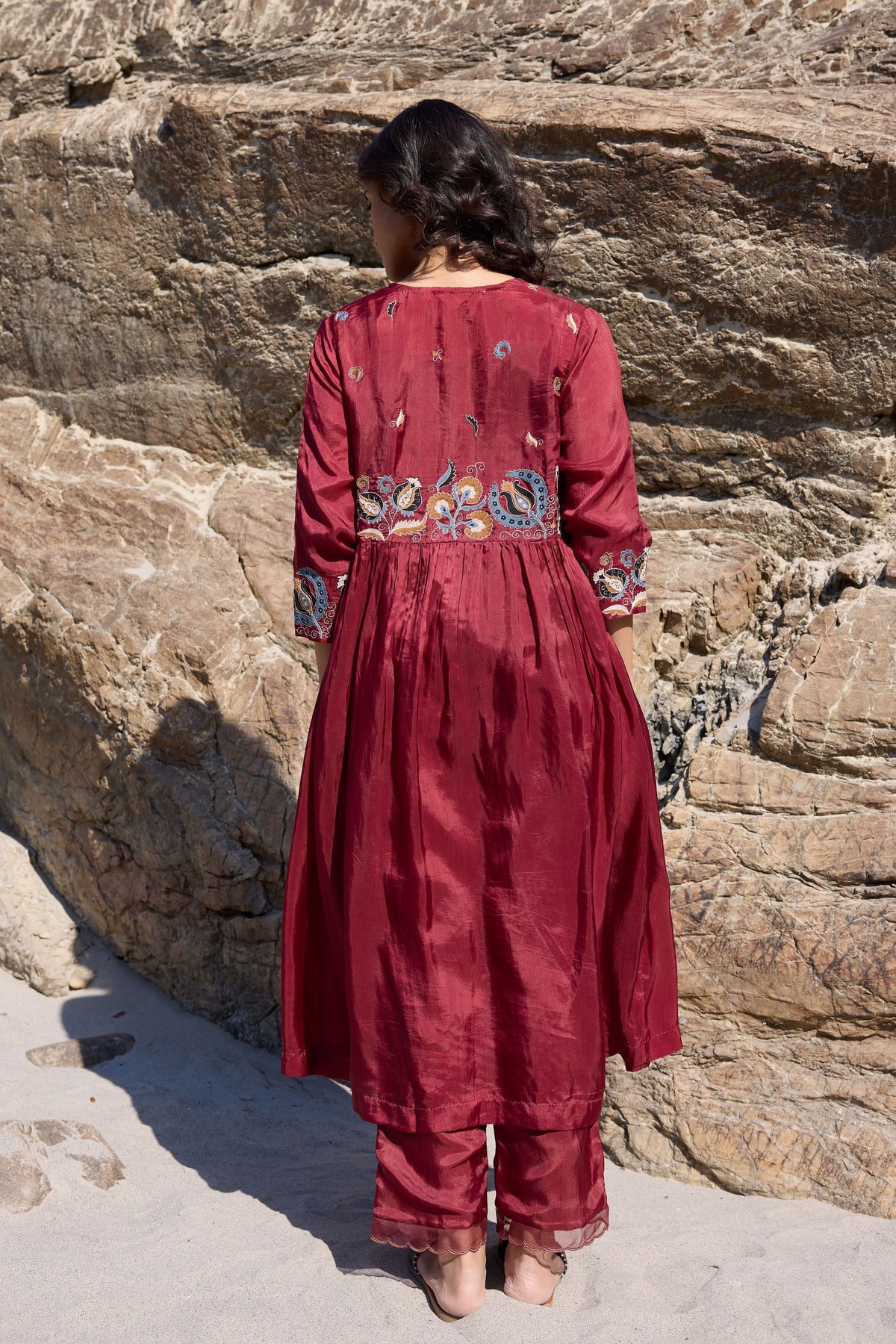 Burgundy Button Down Flared Kurta