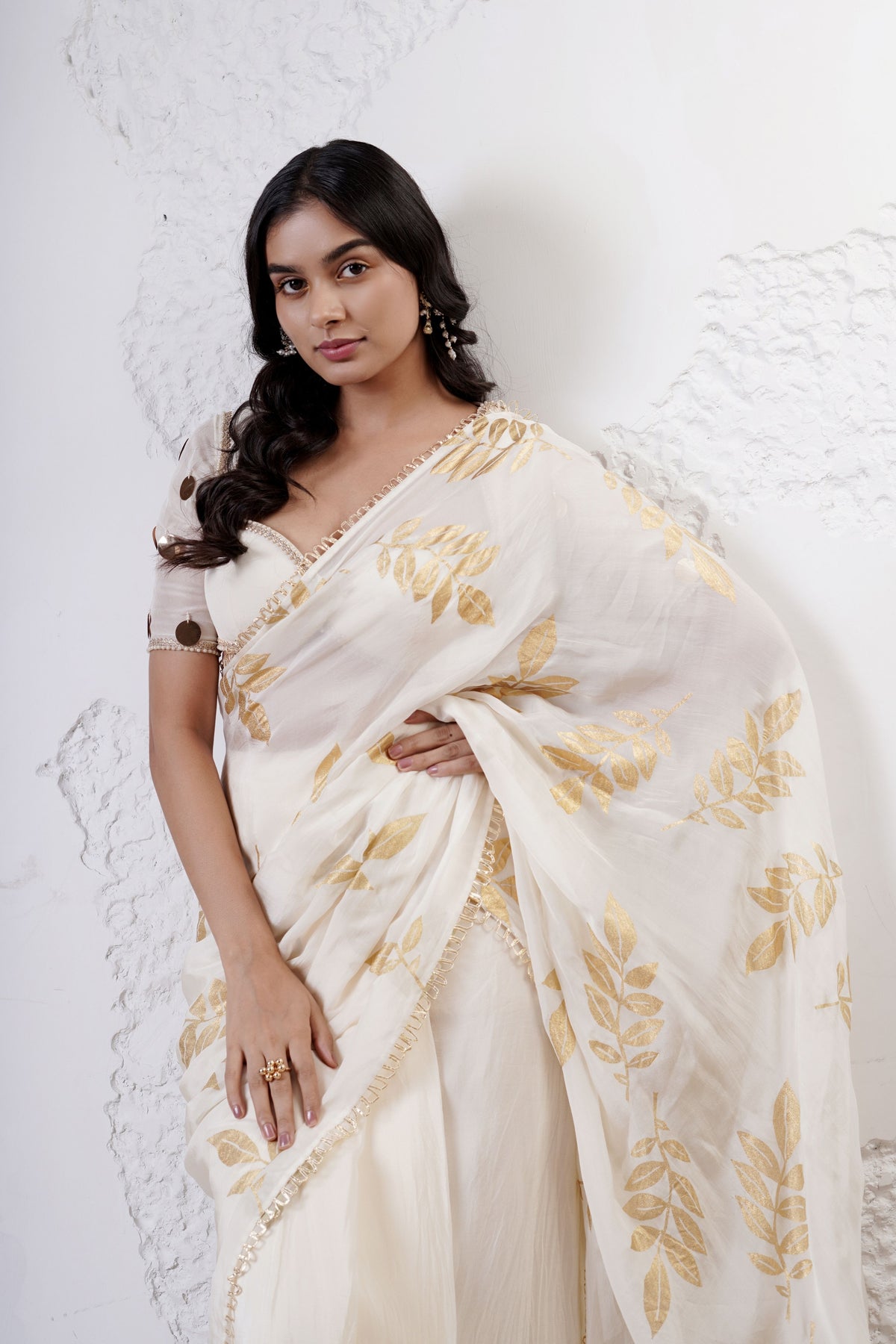 Ivory Foil Leaf Saree Set