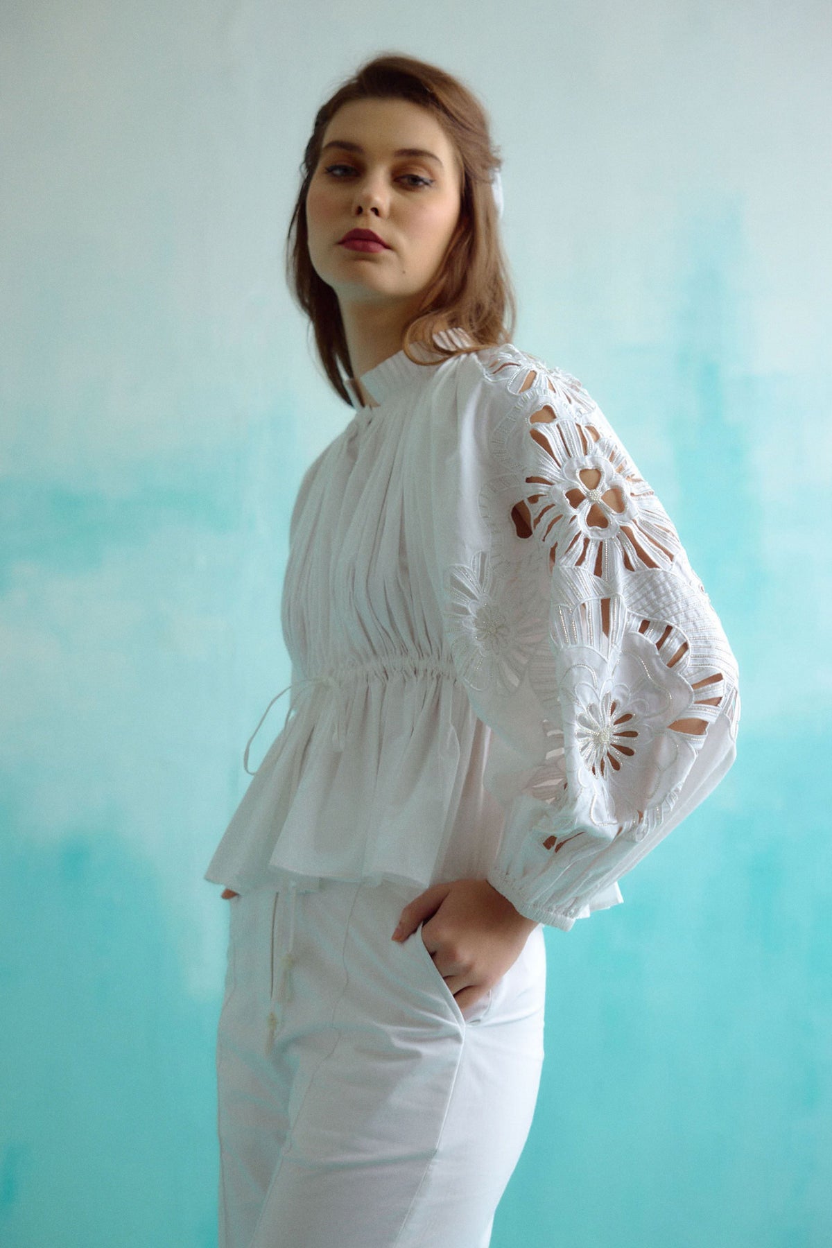 White Gathered Embroidered Bloom Cutwork Blouse