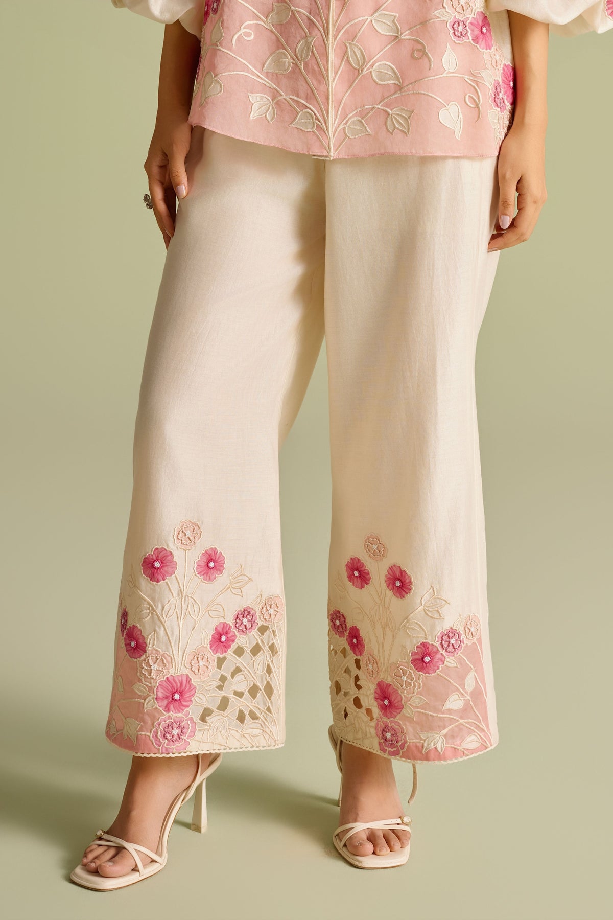 Pinkish Ivory Panelled  Applique Pants