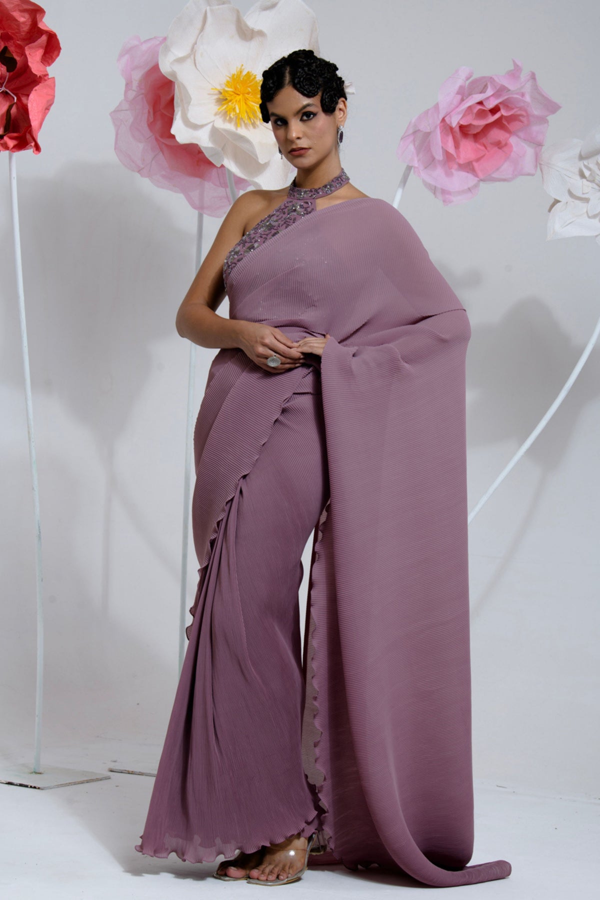 Pre-draped Mauve Pleated Saree