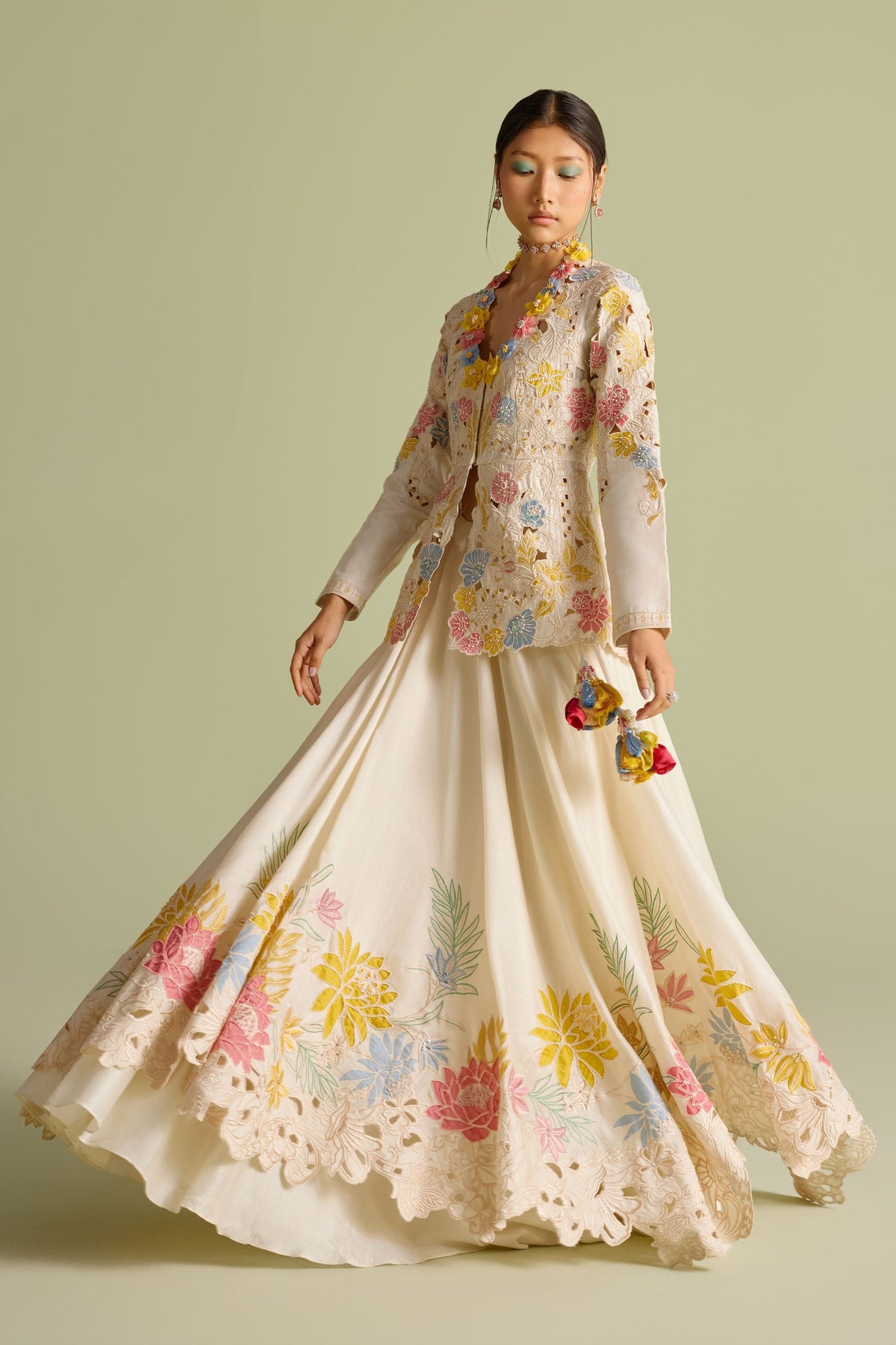 Pastel Embroidered Layered Lehenga