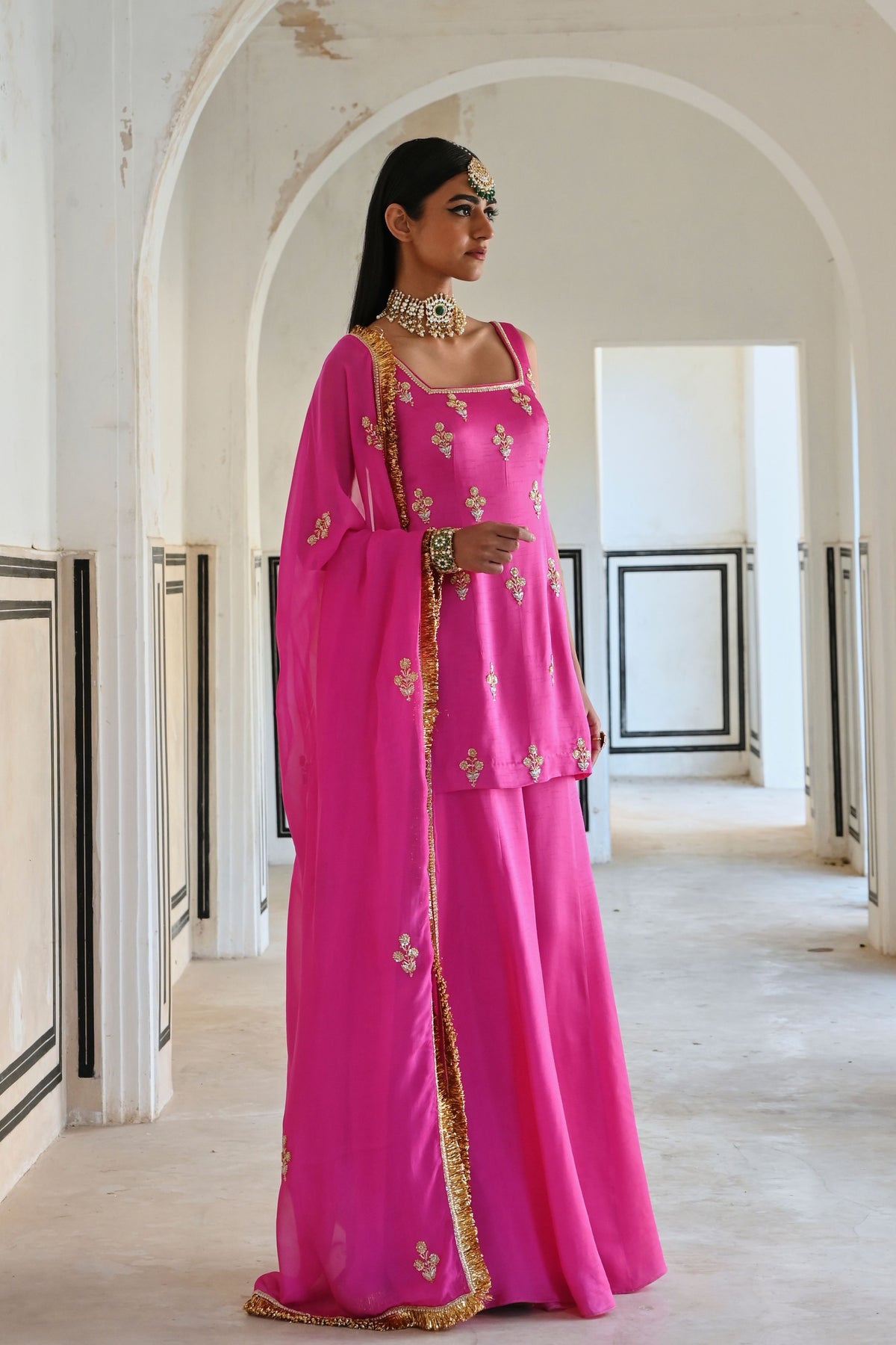 Bright Pink Embroidered Kurta Set